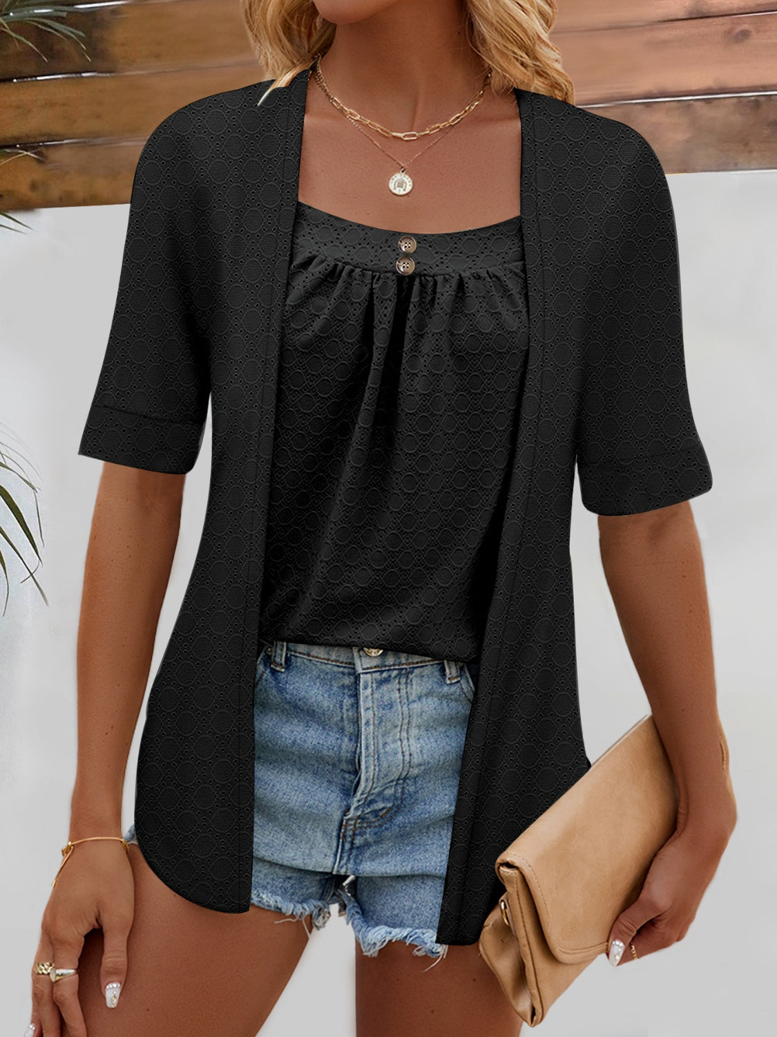 Buy black Full Size Faux Layered Decorative Button Half Sleeve Blouse