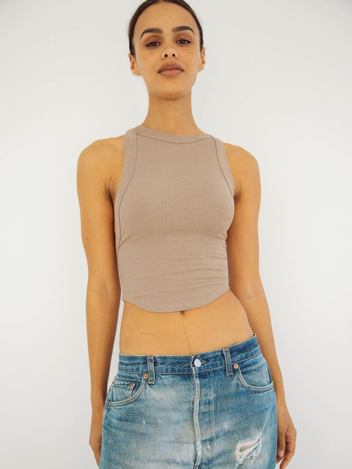 Buy tan Halter Neck Ribbed Cropped Top