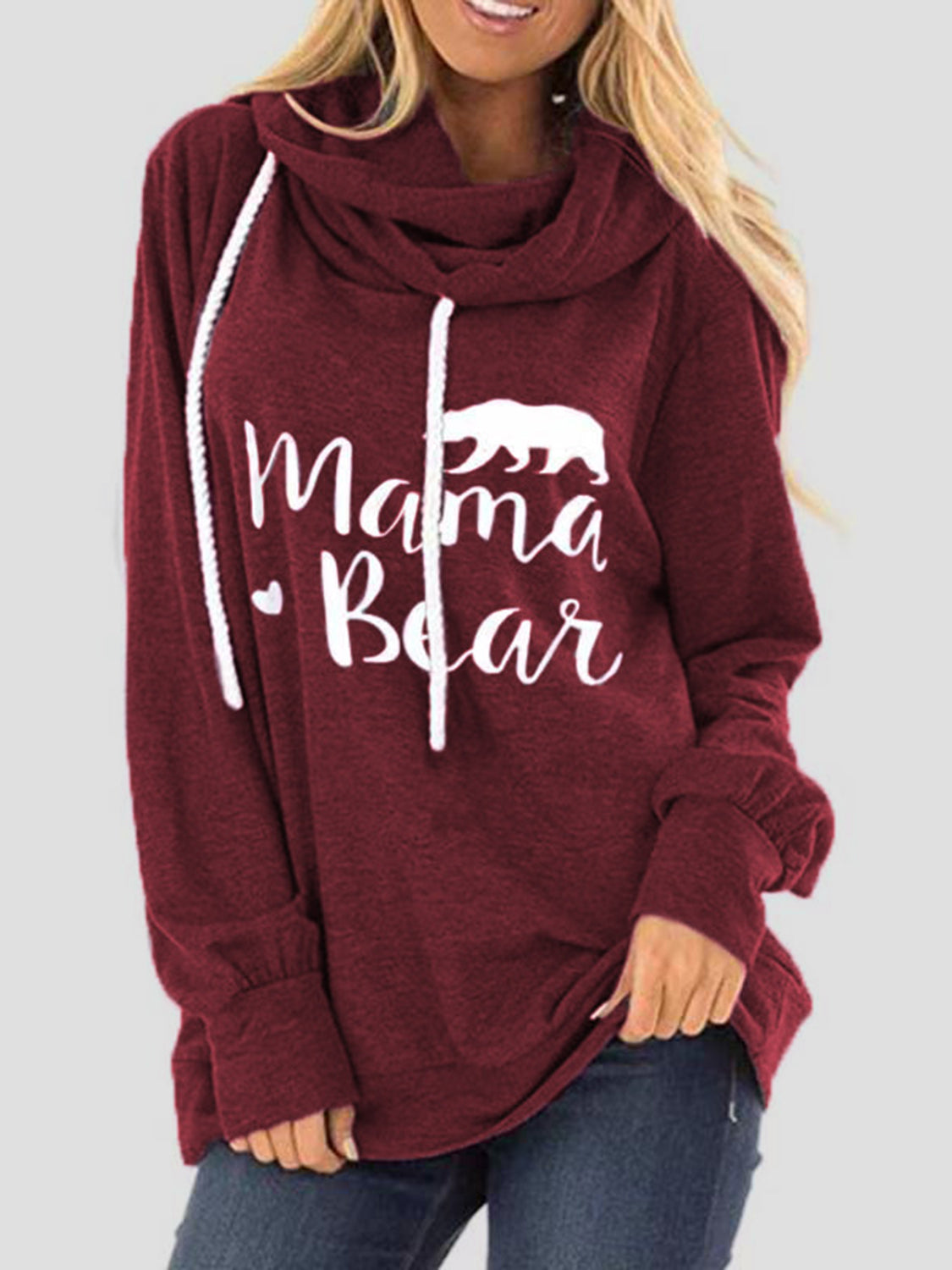 Buy burgundy Drawstring Letter Graphic Long Sleeve Hoodie