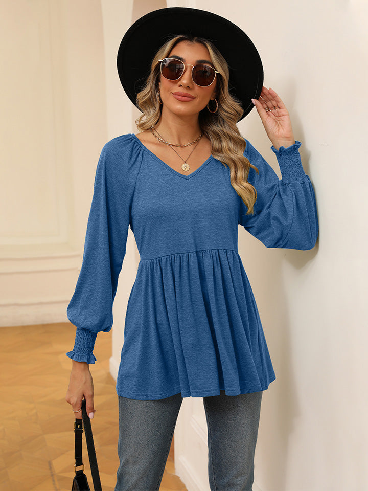 Buy sky-blue V-Neck Lantern Sleeve Blouse