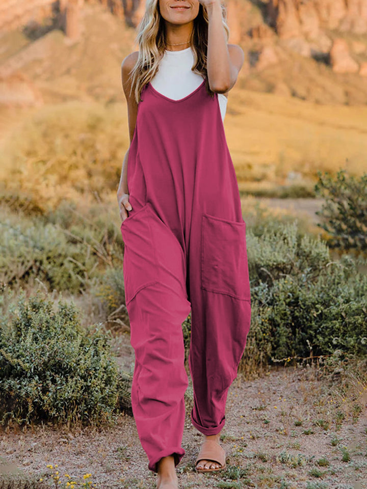 Buy hot-pink Double Take Full Size Sleeveless V-Neck Pocketed Jumpsuit