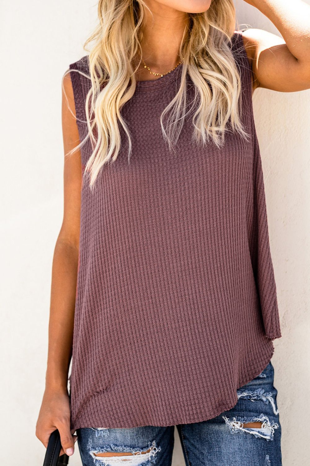 Buy moonlit-mauve Waffle Knit Round Neck Tank