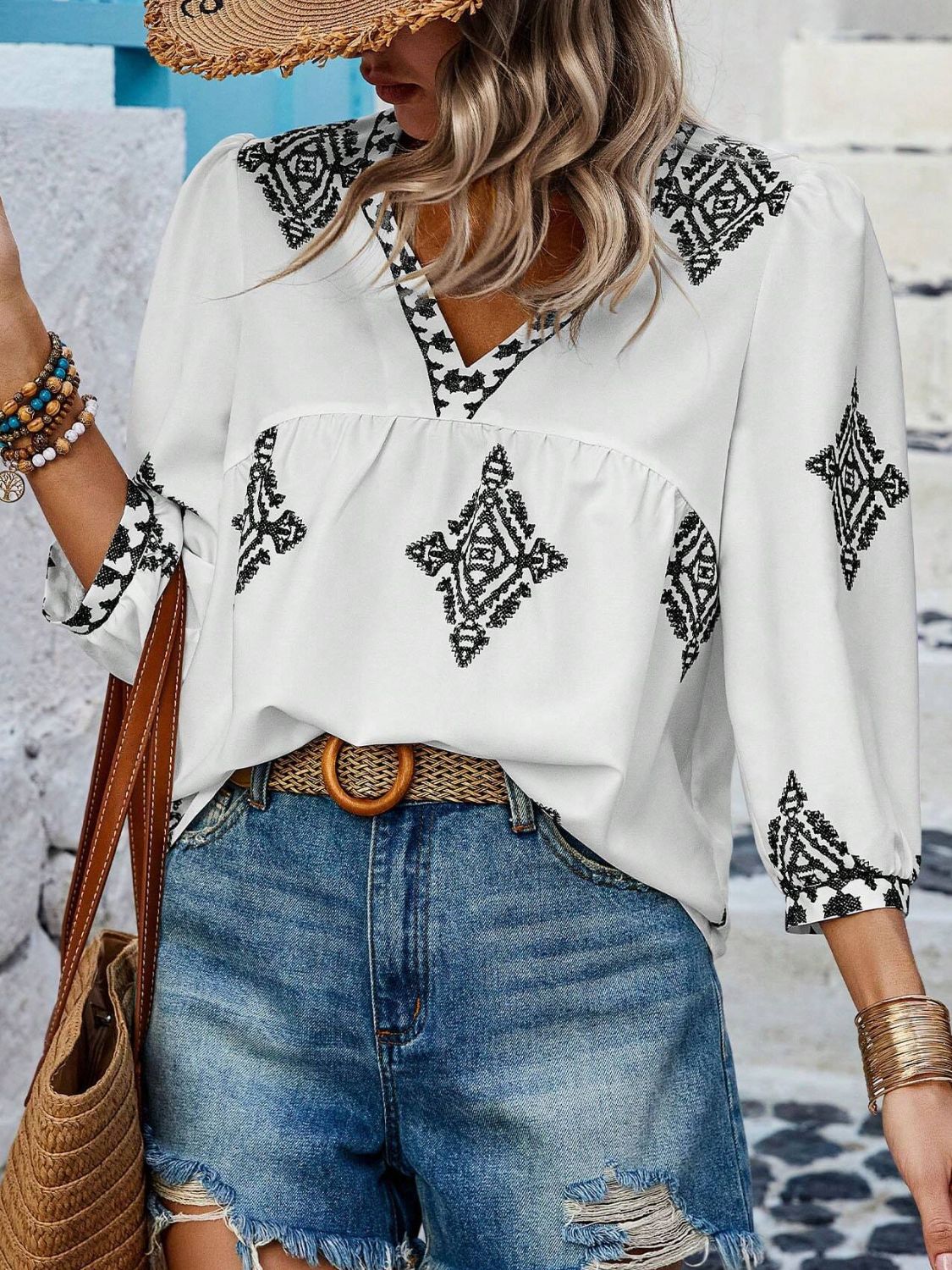 Buy white Printed V-Neck Three-Quarter Sleeve Blouse