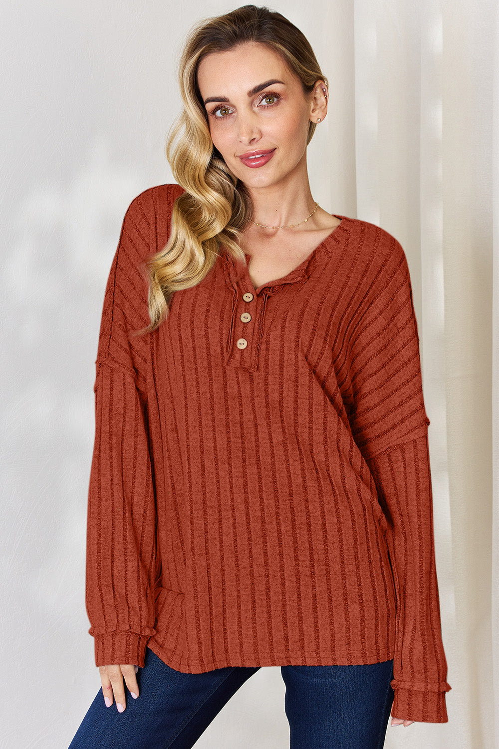 Buy rust Basic Bae Full Size Ribbed Half Button Long Sleeve T-Shirt