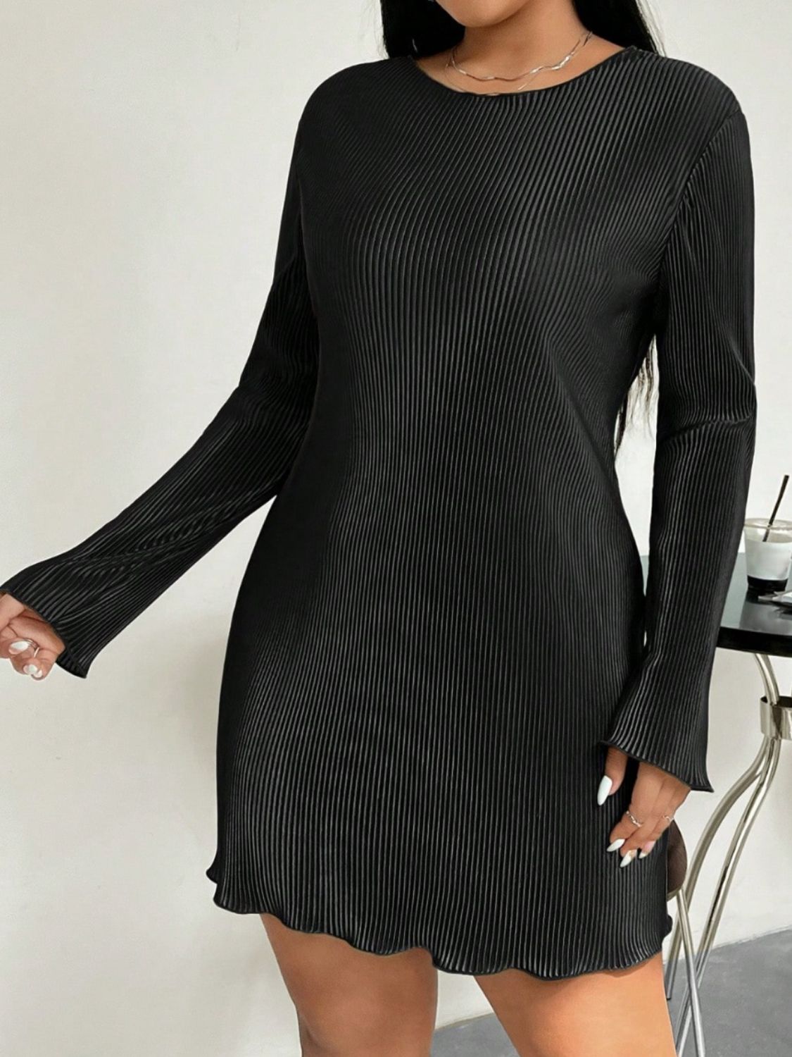 Buy black Honey Plus Size Lettuce Hem Round Neck Long Sleeve Dress