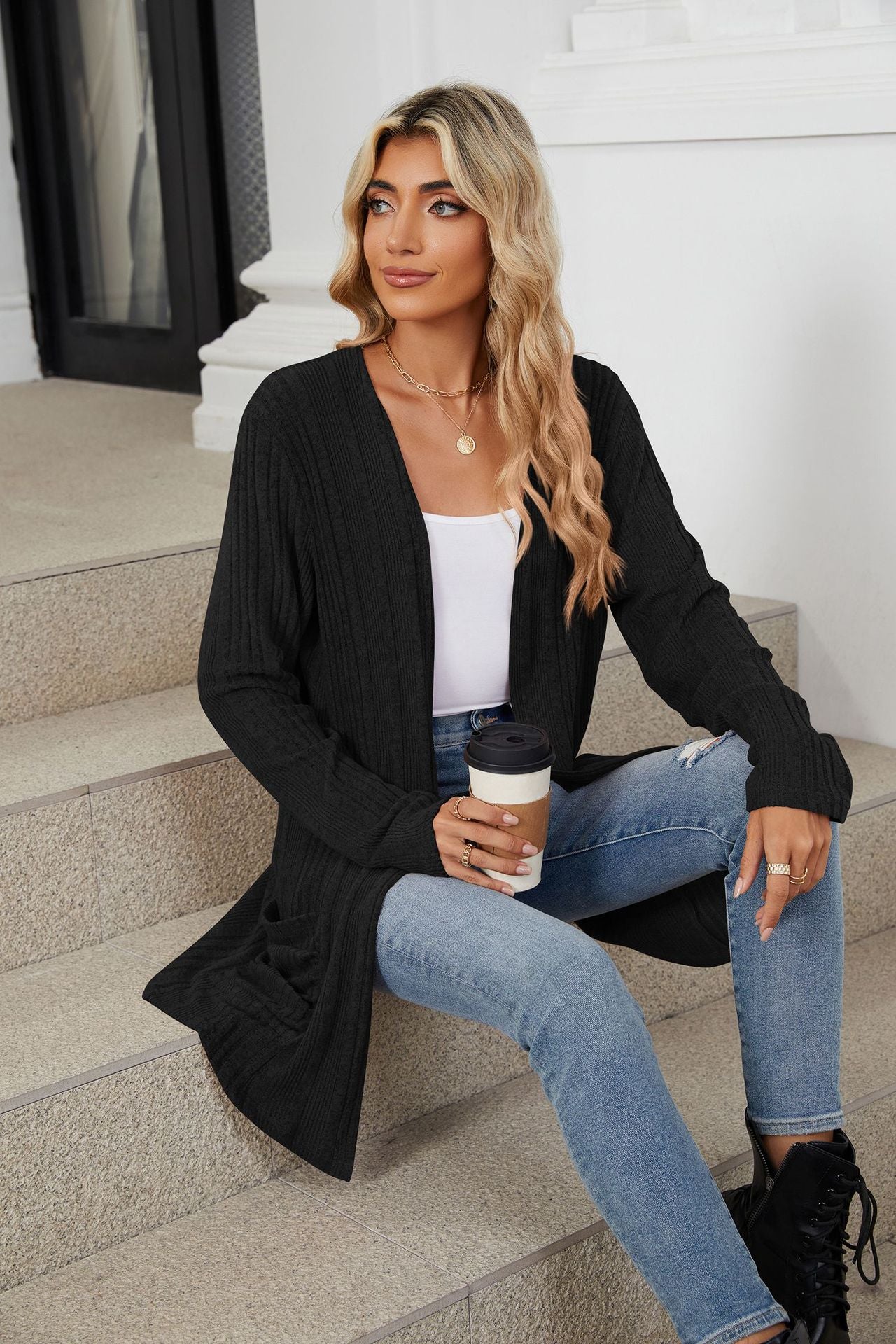 Buy black Pocketed Open Front Long Sleeve Cardigan