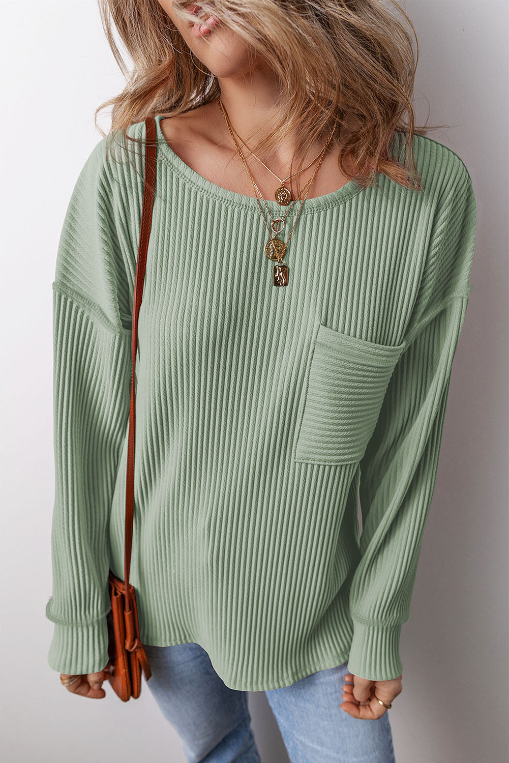 Buy sage Pocketed Round Neck Long Sleeve Top