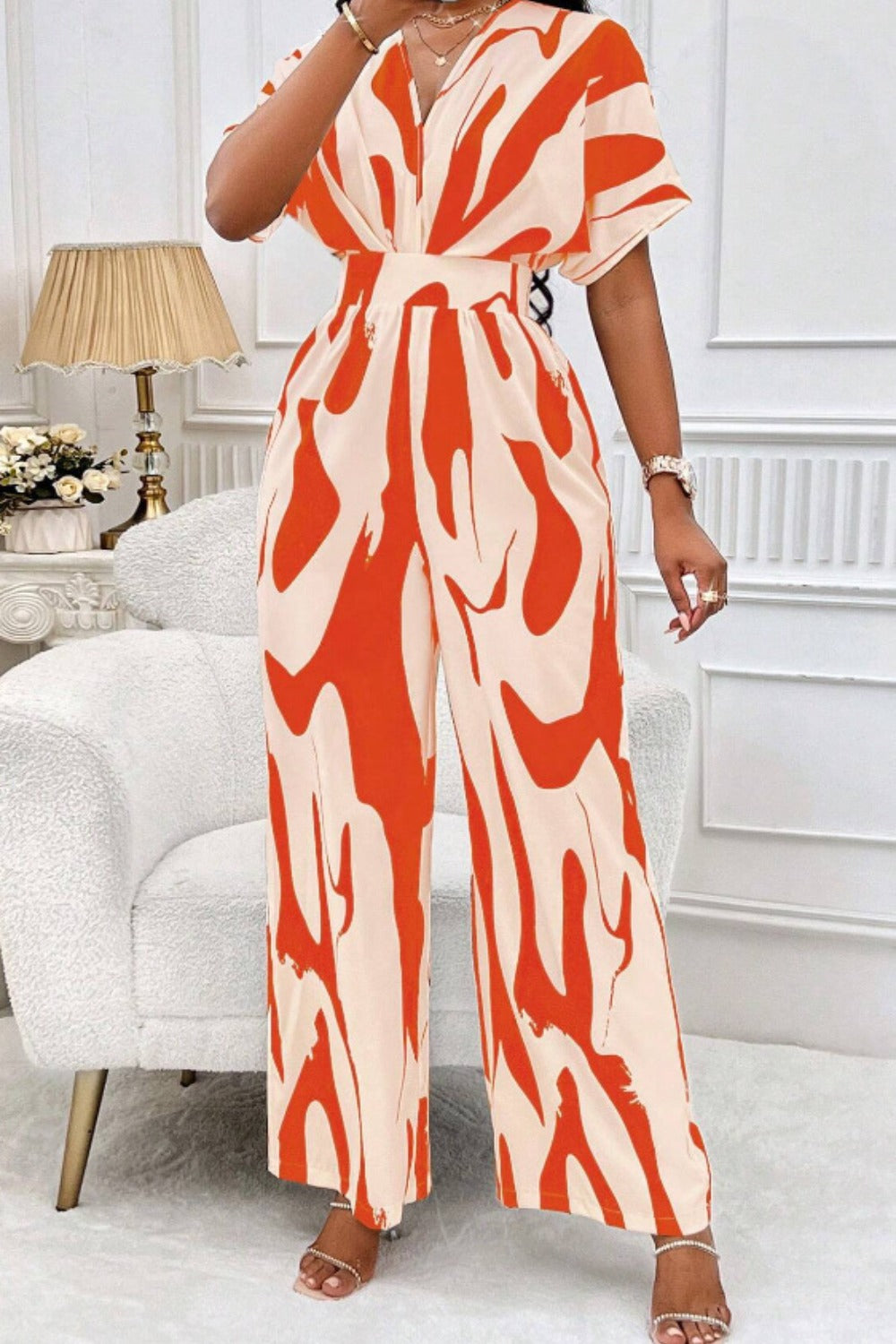 Buy orange Printed V-Neck Short Sleeve Wide Leg Jumpsuit