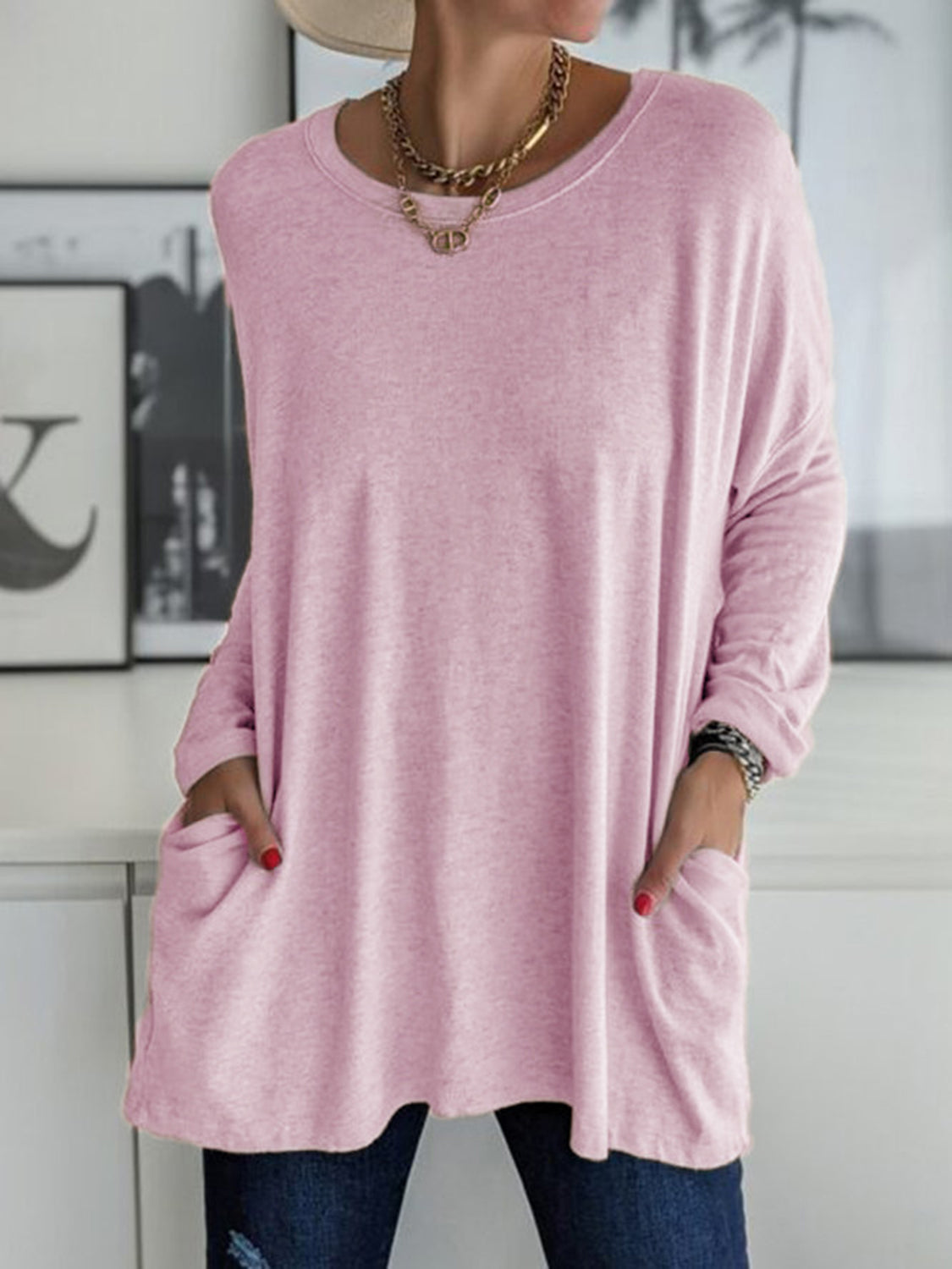 Buy blush-pink Full Size Round Neck Long Sleeve T-Shirt