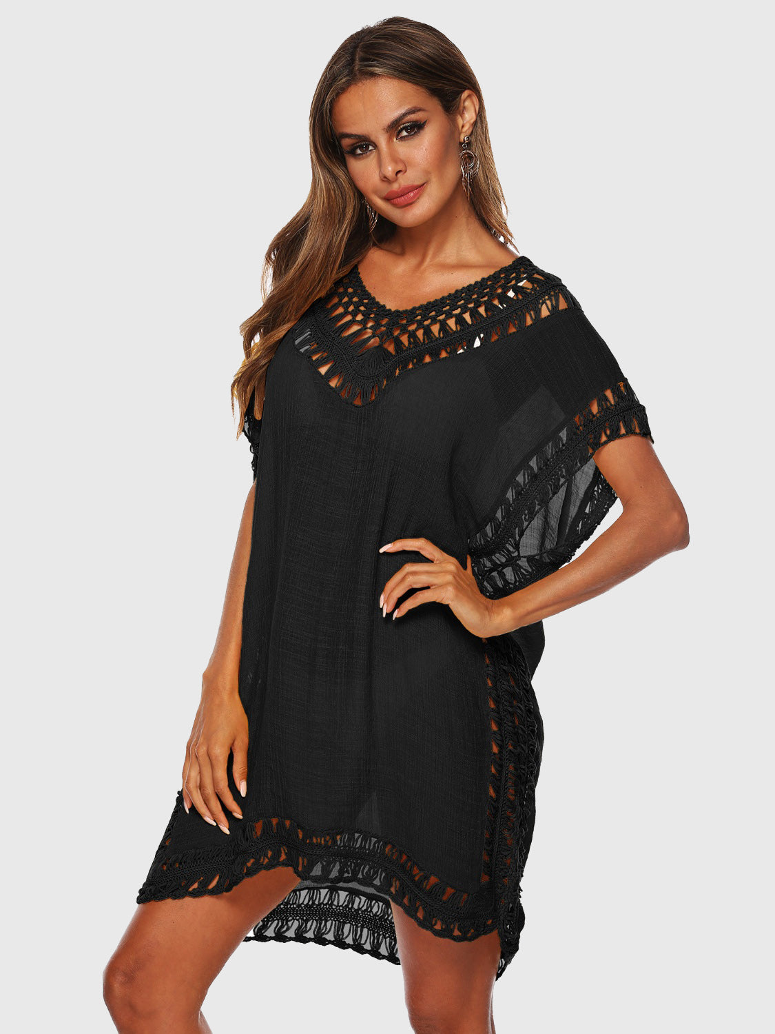 Buy black Cutout V-Neck Short Sleeve Cover-Up