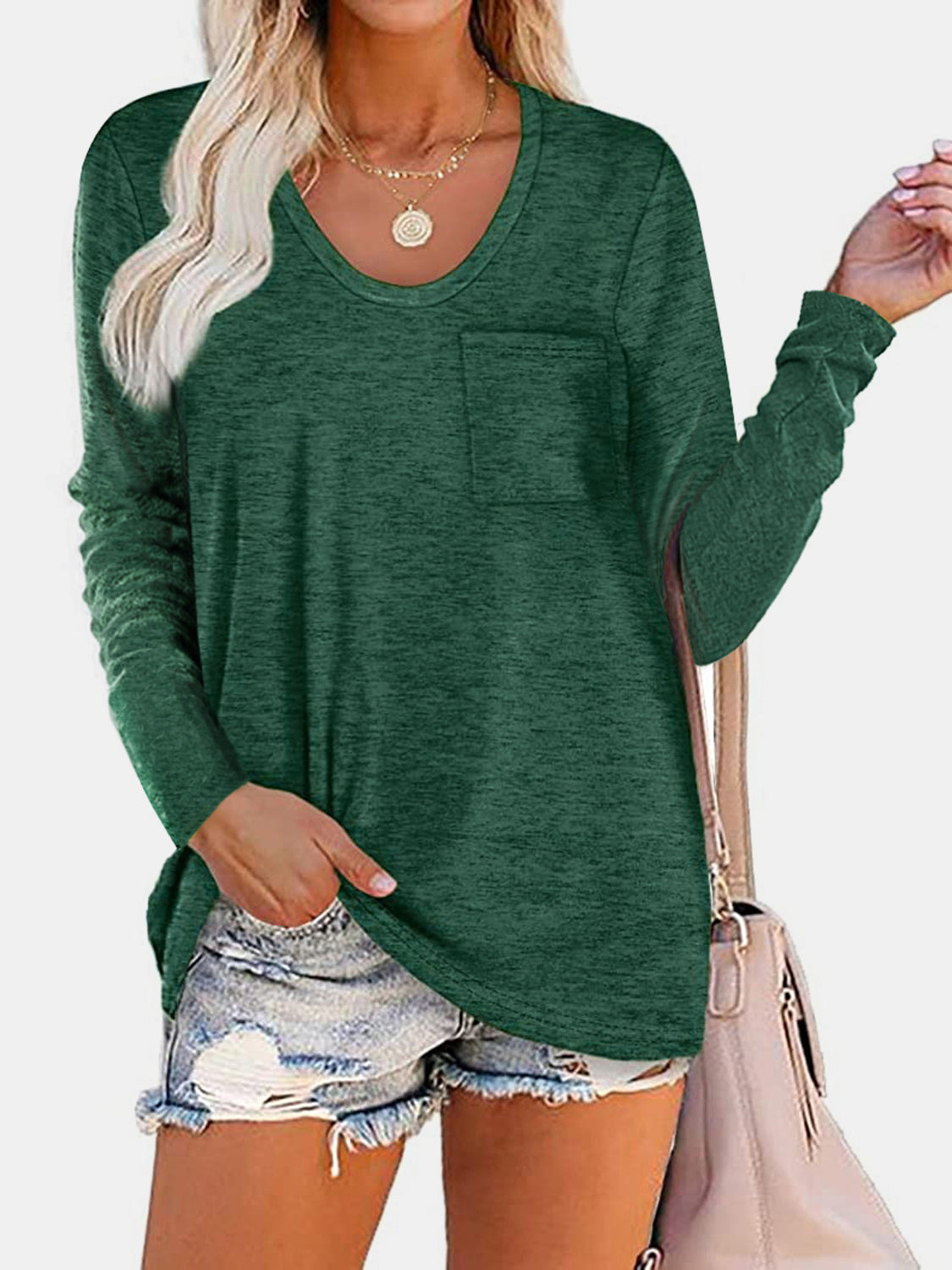 Buy dark-green Round Neck Long Sleeve T-Shirt