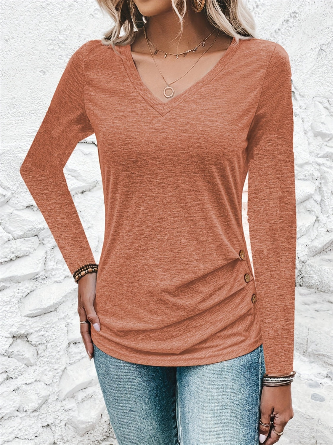 Heathered V-Neck Long Sleeve T-Shirt