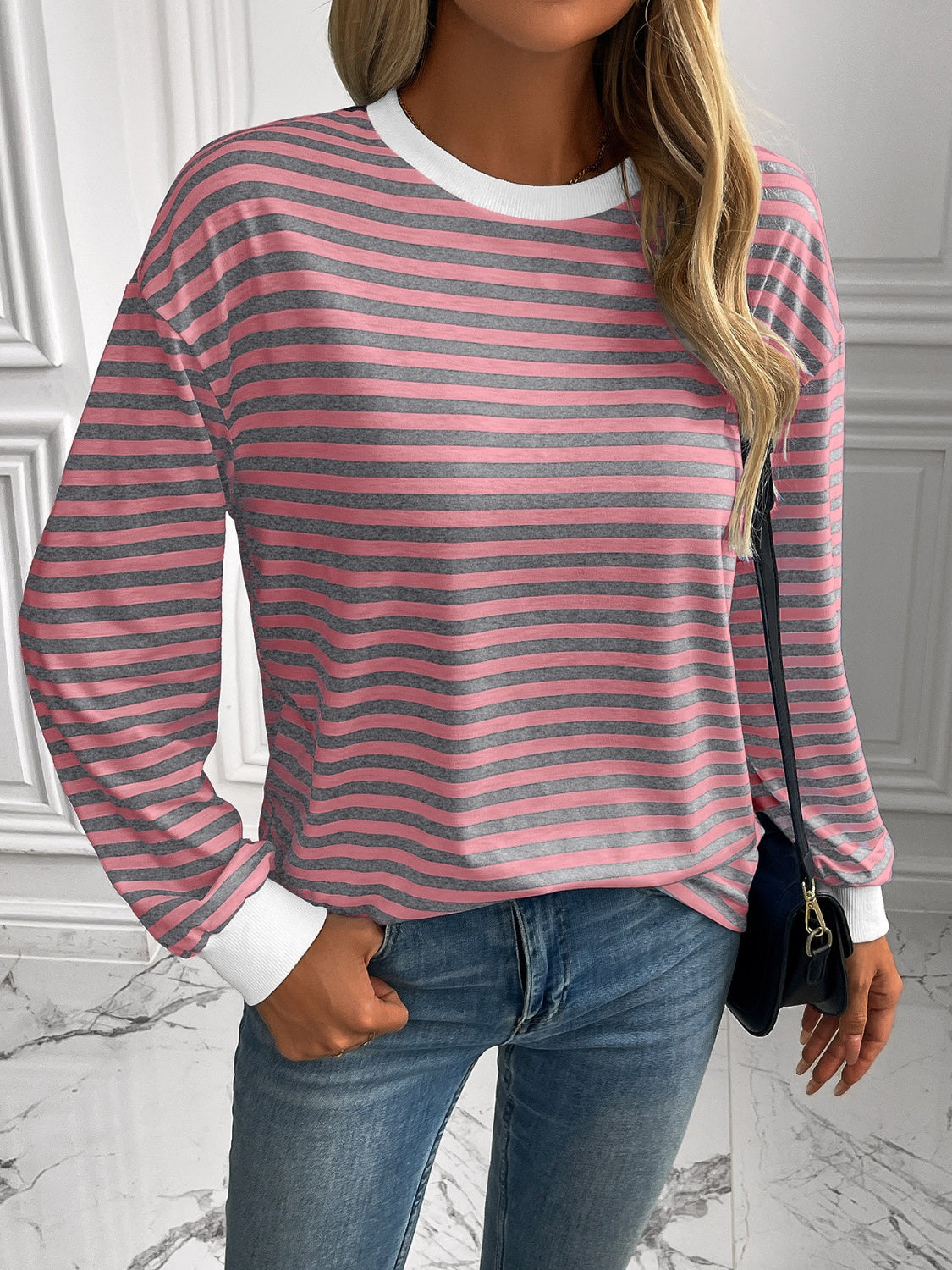 Buy dusty-pink Ivy Lane Striped Round Neck Long Sleeve Sweatshirt