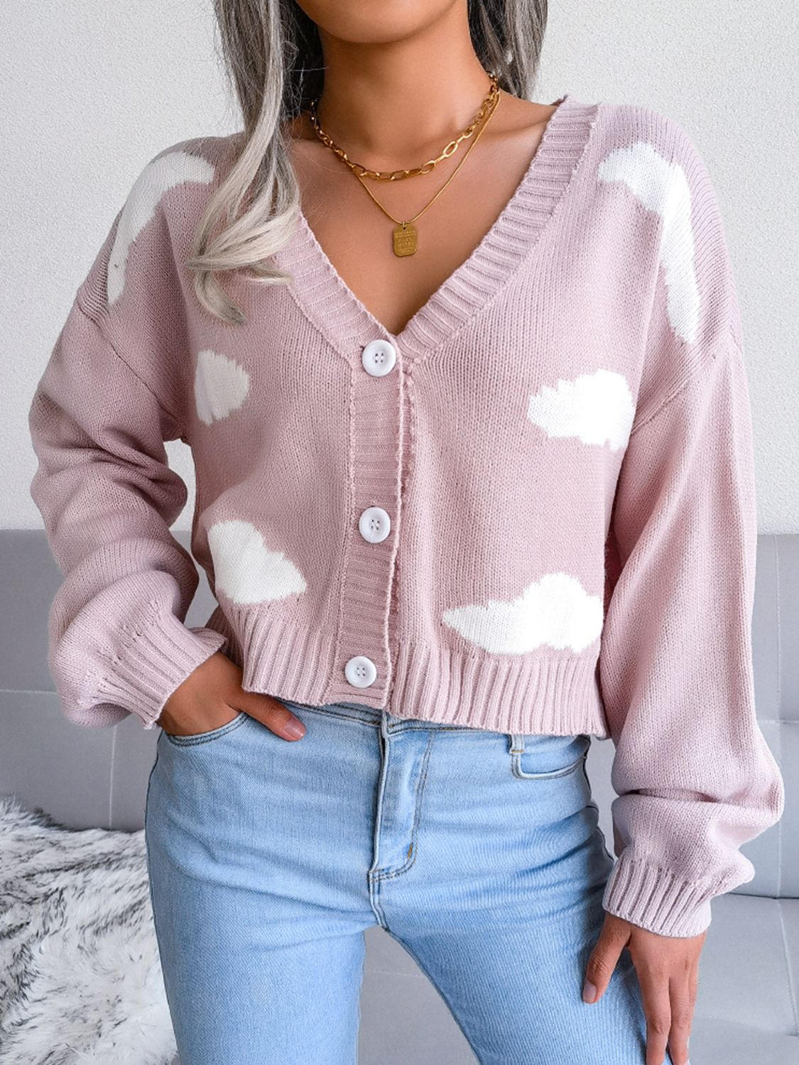 Buy pink Cloud Print Button Down Ribbed Trim Cardigan