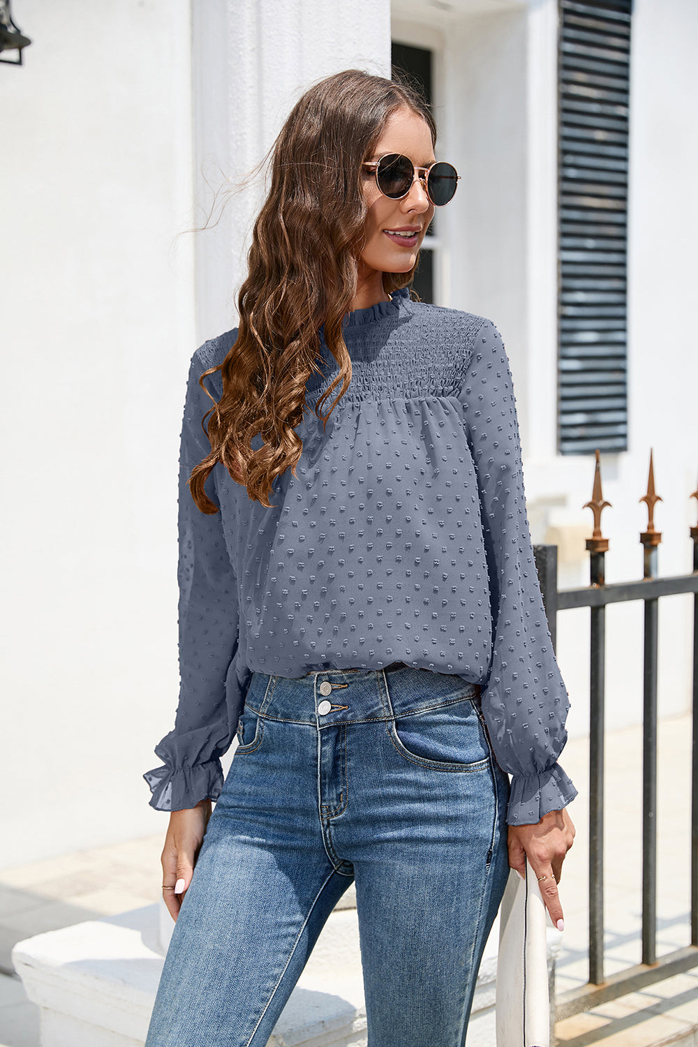 Buy dusty-blue Smocked Mock Neck Swiss Dot Top