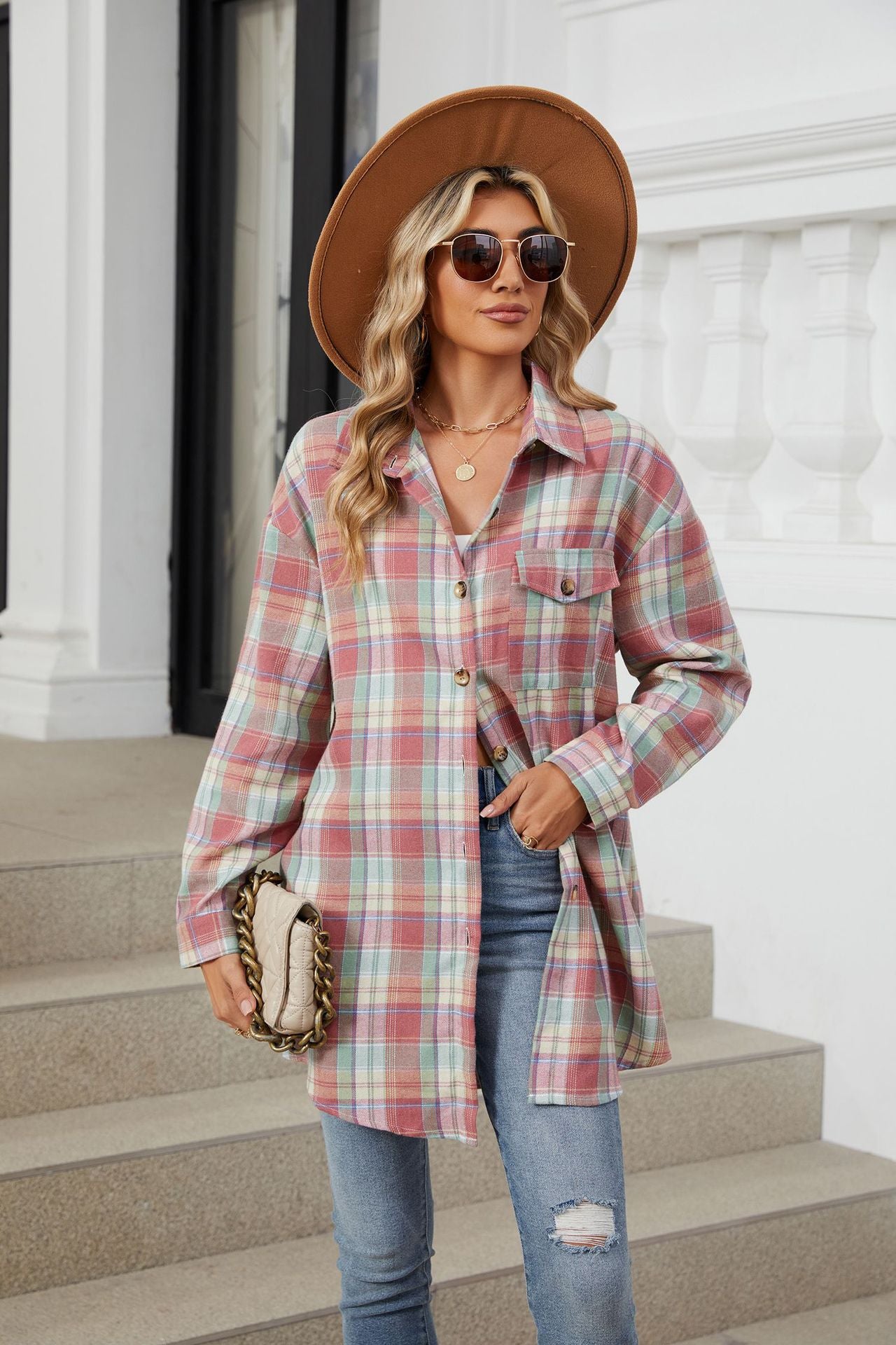 Buy dusty-pink Plaid Collared Neck Long Sleeve Shirt