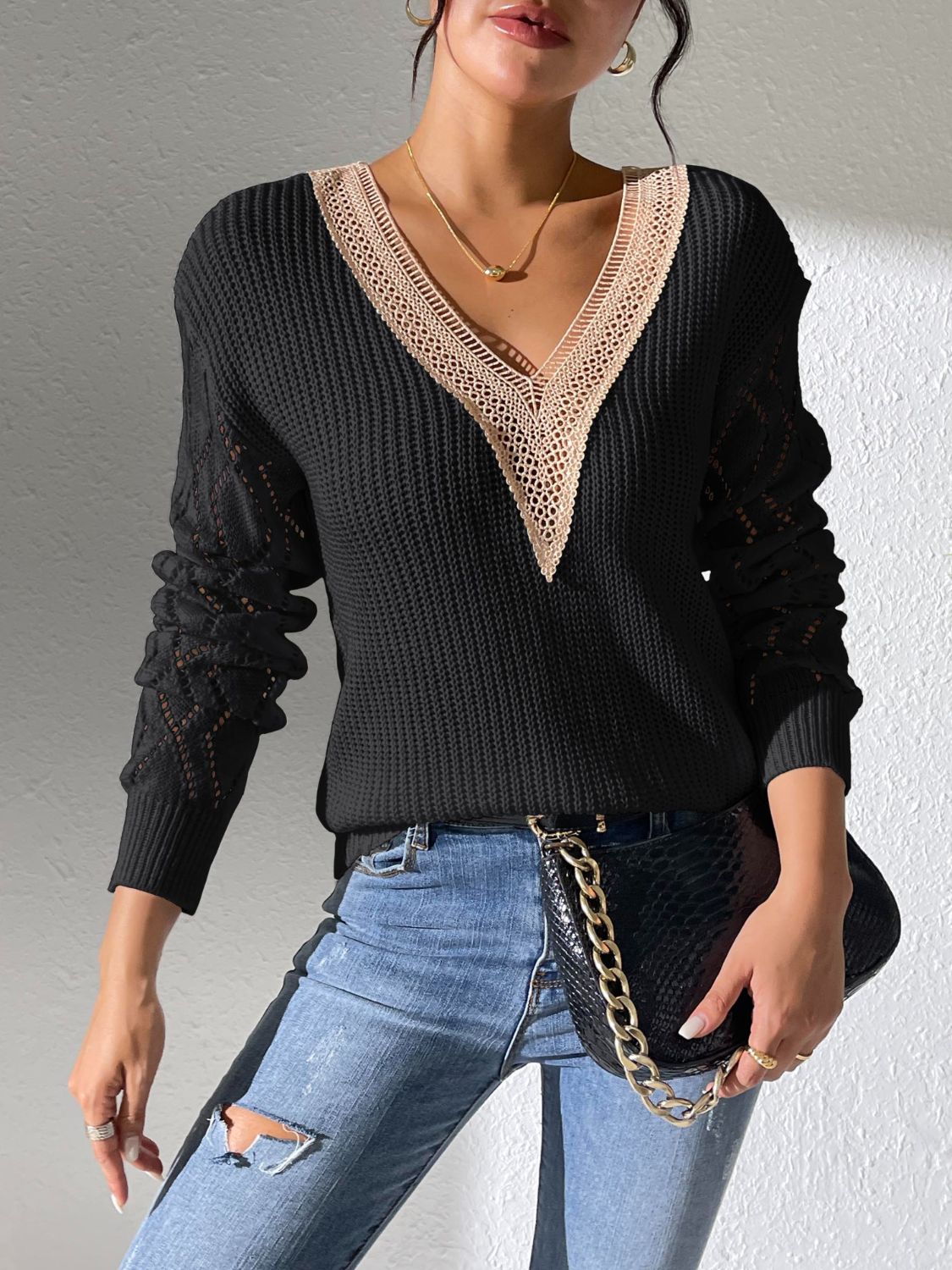 Buy black Openwork V-Neck Long Sleeve Sweater