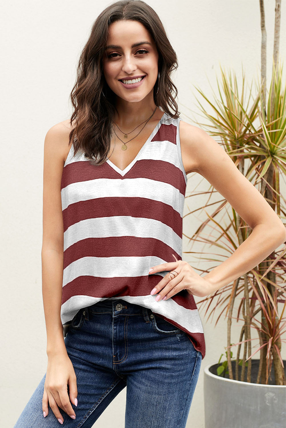 Buy wine Striped V-Neck Tank