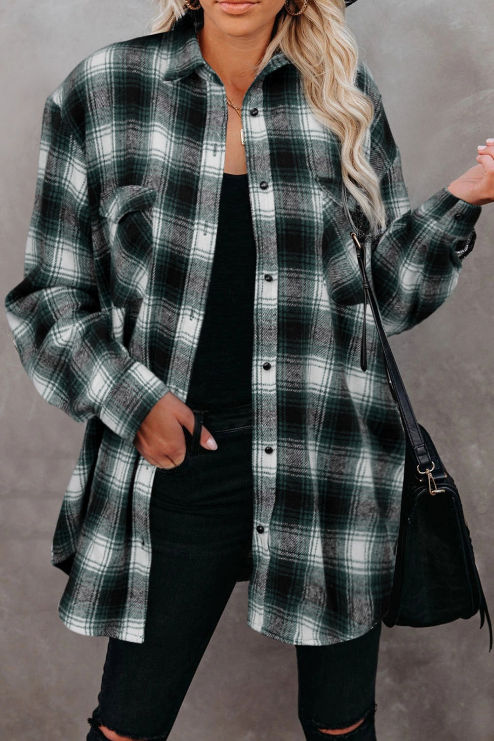 Buy dark-green Full Size Plaid Collared Neck Long Sleeve Shirt