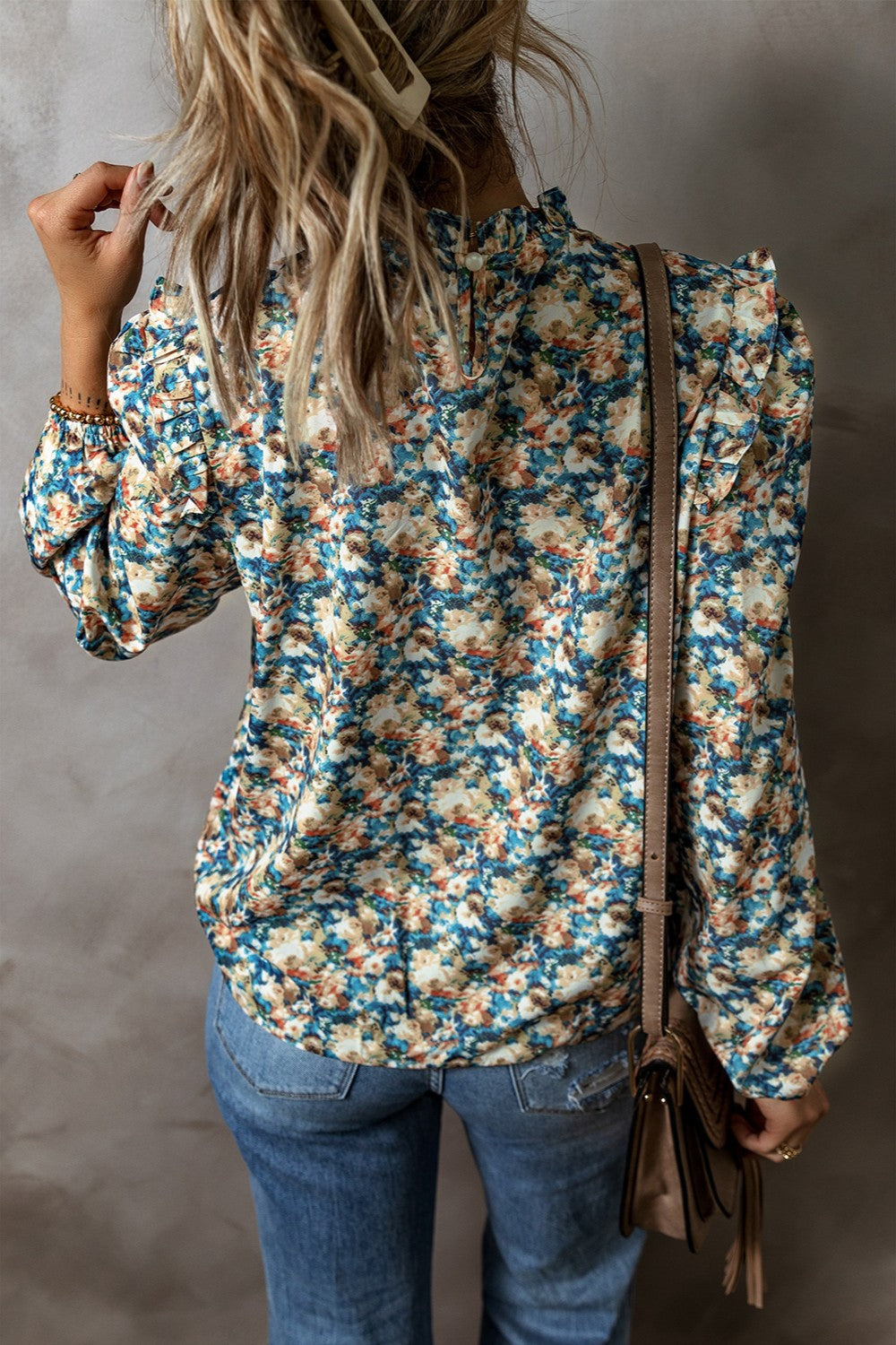 Frill Printed Mock Neck Long Sleeve Blouse