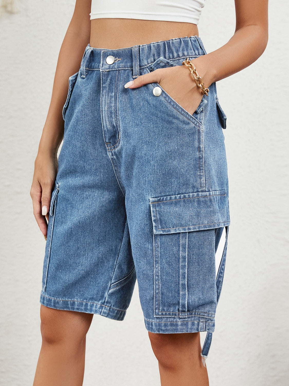 Buttoned Elastic Waist Denim Shorts with Pockets