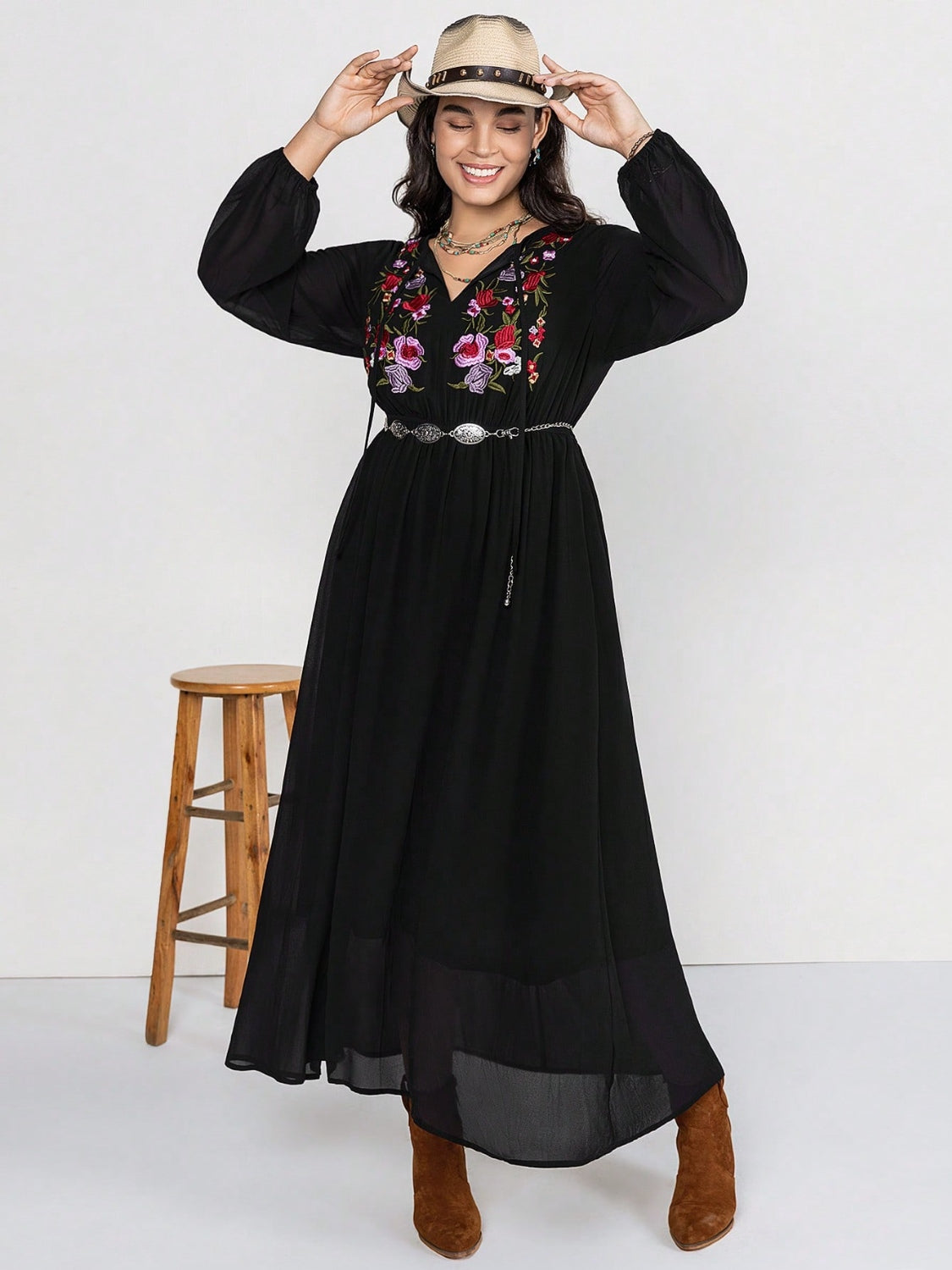 Buy black Plus Size Embroidered Tie Neck Long Sleeve Dress