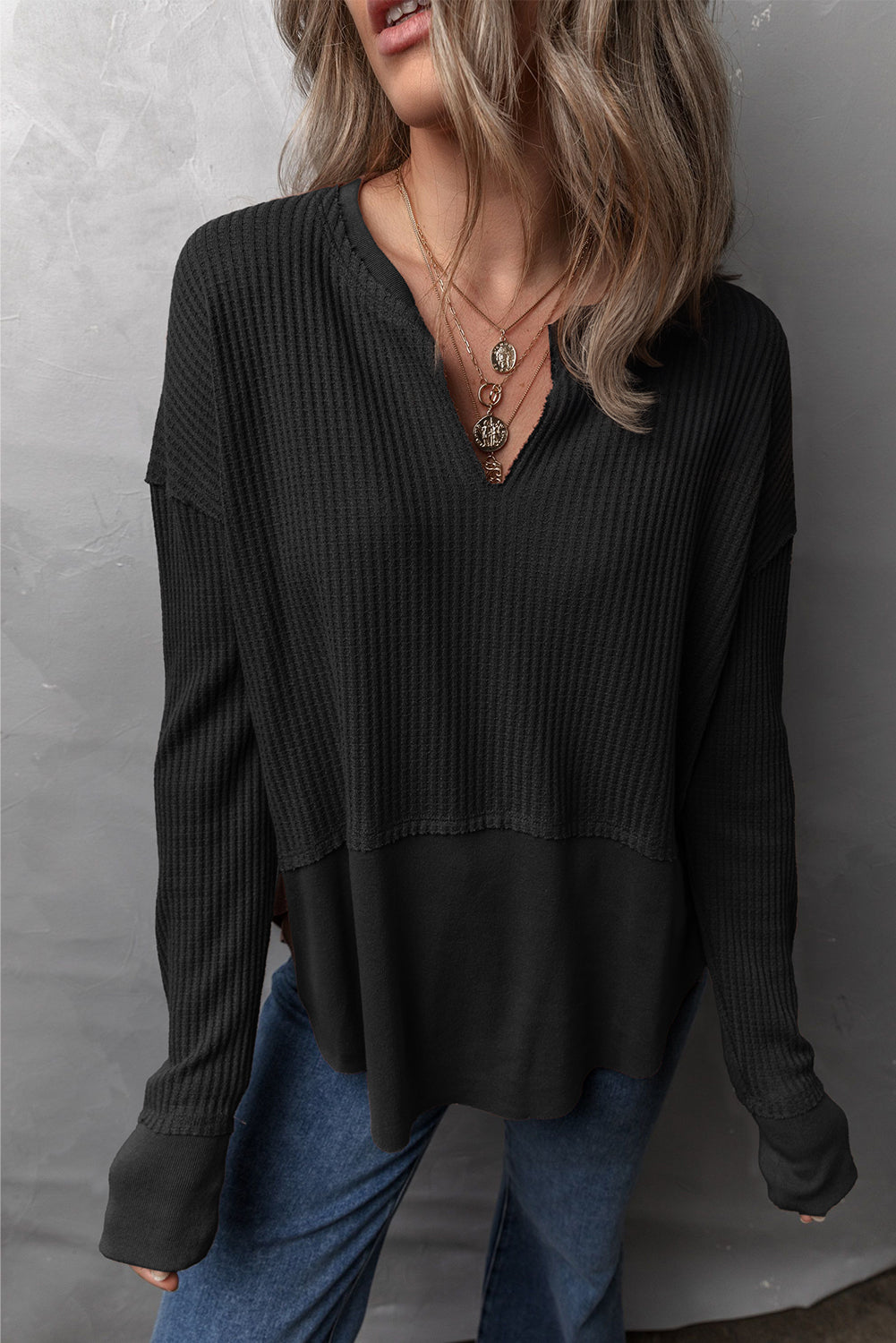 Waffle-Knit Exposed Seam Notched Long Sleeve Top