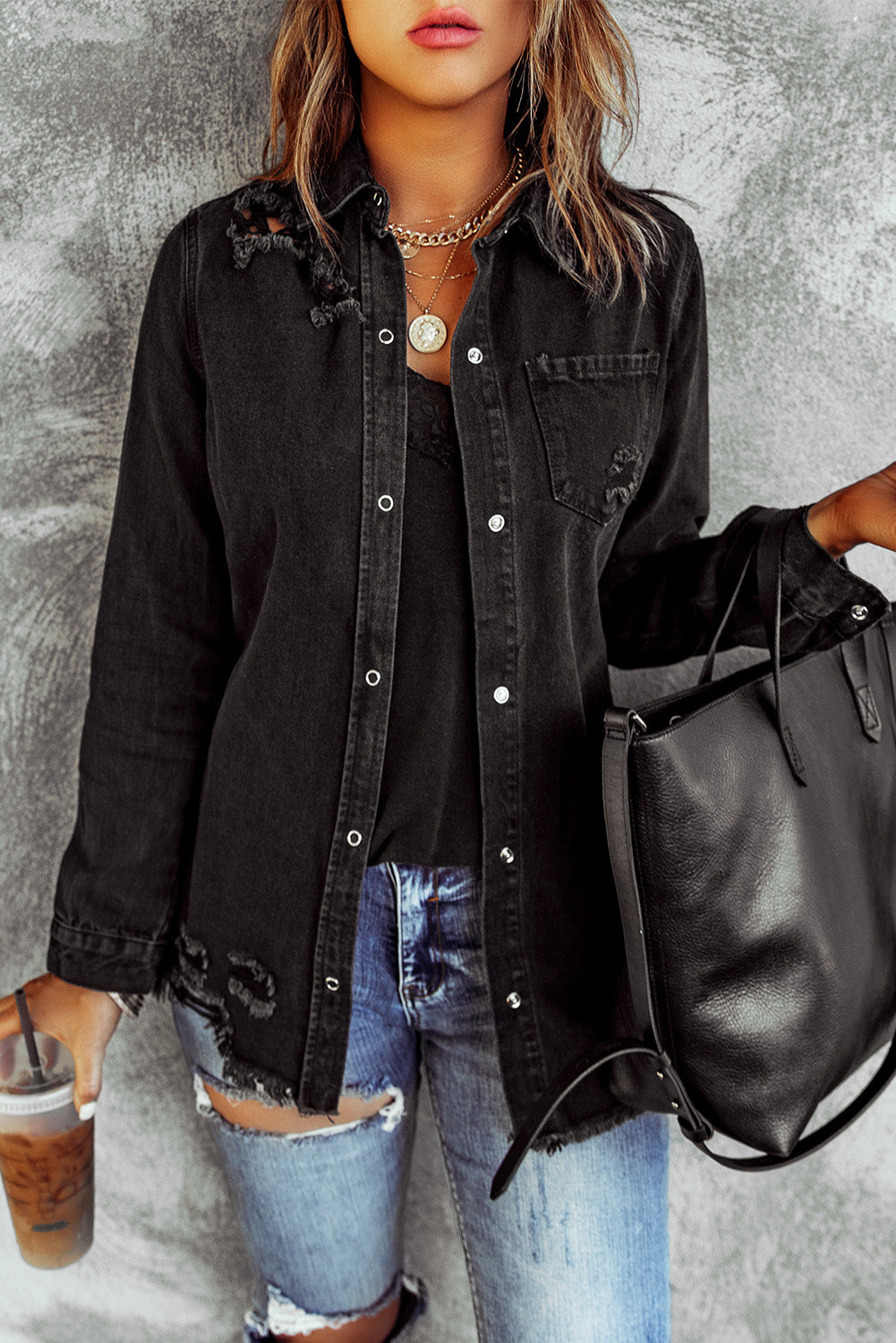 Buy black Distressed Snap Down Denim Jacket