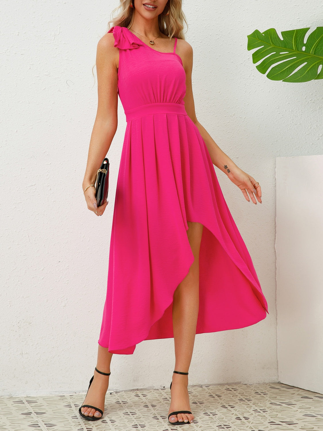 Buy hot-pink Bow Asymmetrical Neck Sleeveless Dress