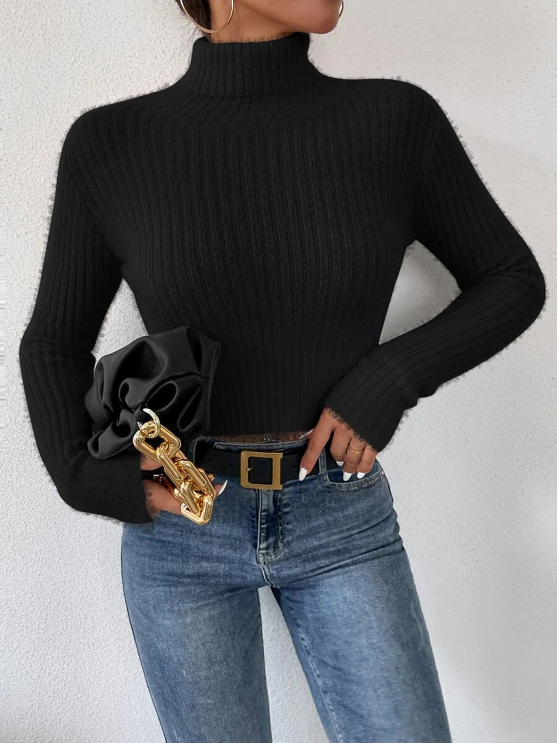 Buy black Ribbed Turtleneck Long Sleeve Sweater