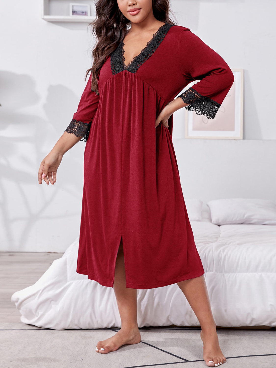 Buy deep-red Plus Size Lace Detail V-Neck Lounge Dress