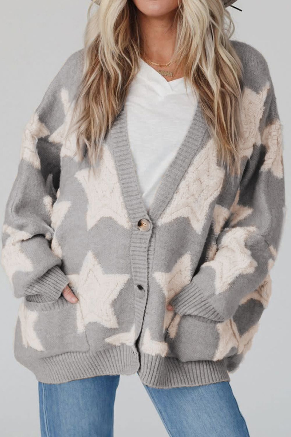 Buy gray Star Button Up Long Sleeve Cardigan