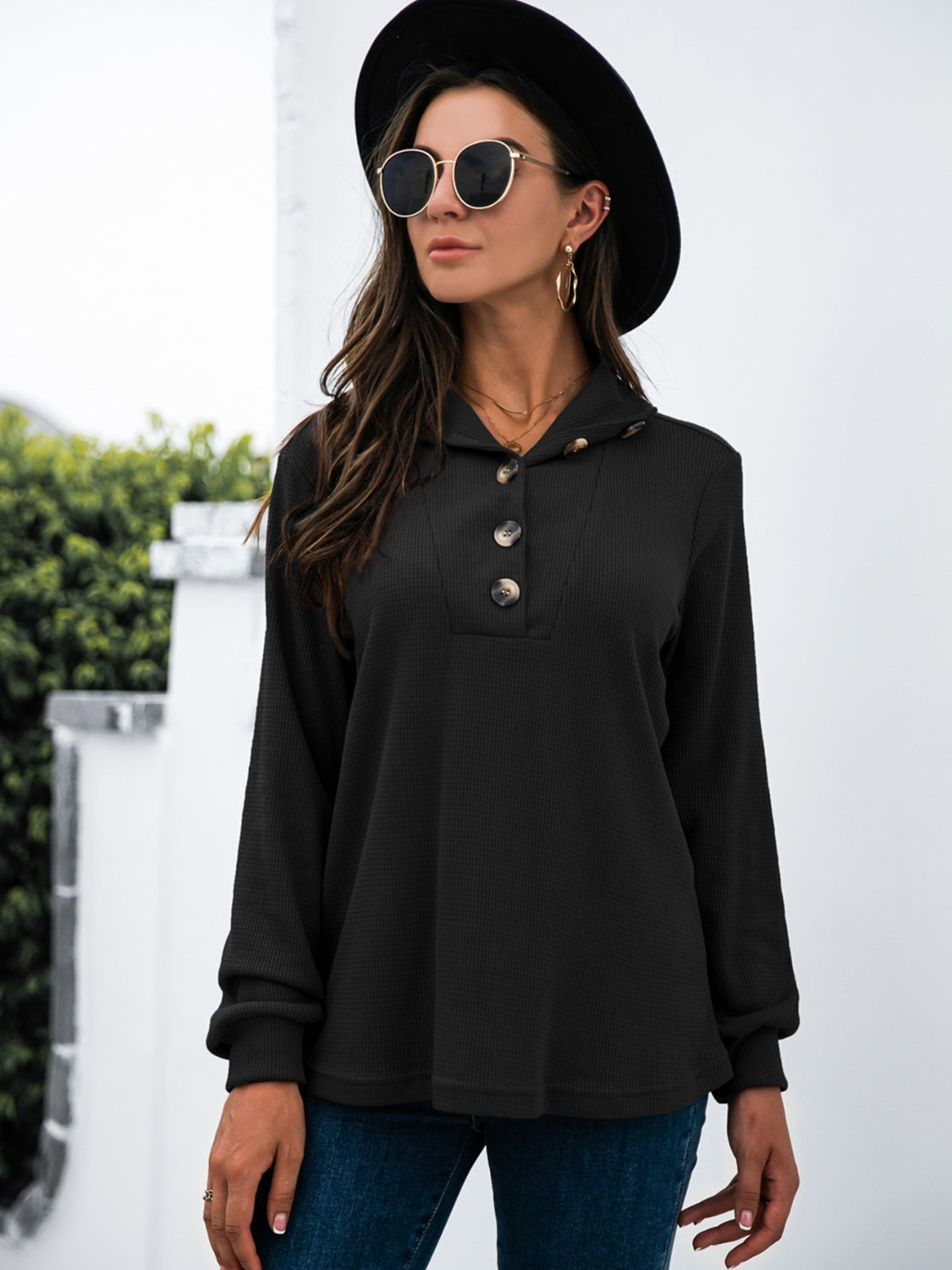 Buy black Half Button Long Sleeve T-Shirt