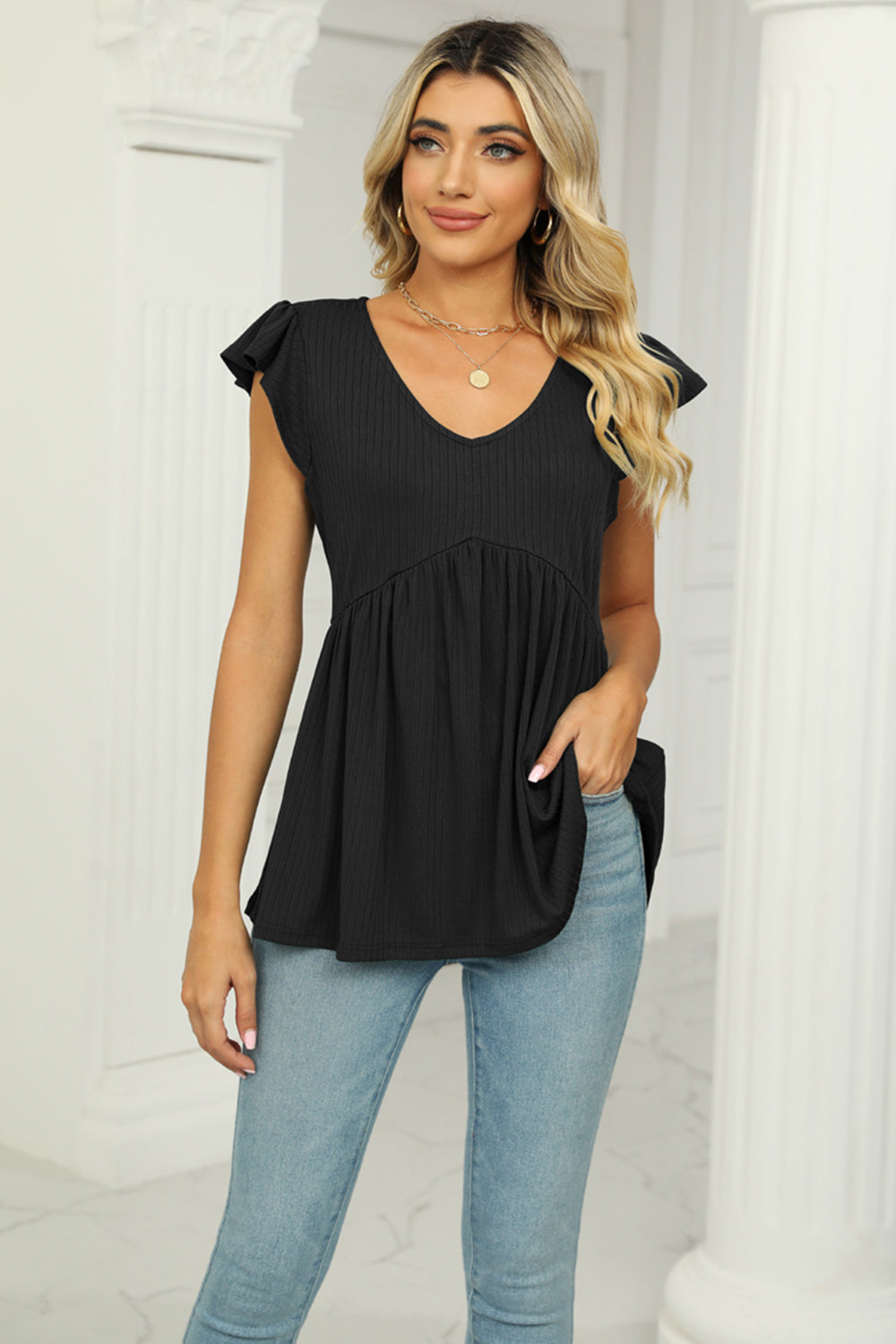 Buy black V-Neck Flutter Sleeve Babydoll Blouse