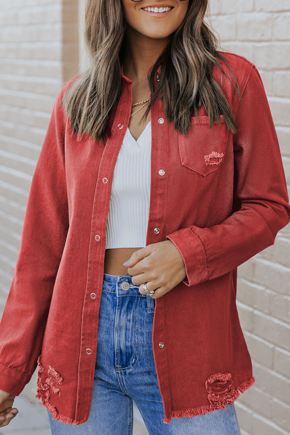 Buy rust Distressed Raw Hem Snap Down Denim Jacket