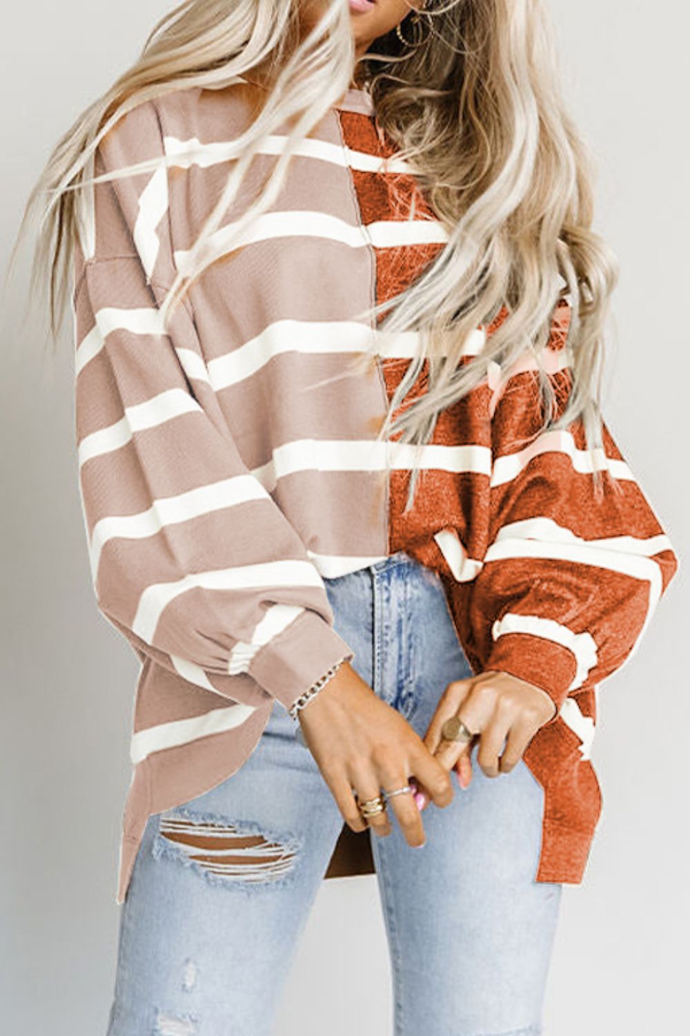 Buy ochre Striped Dropped Shoulder Round Neck Blouse