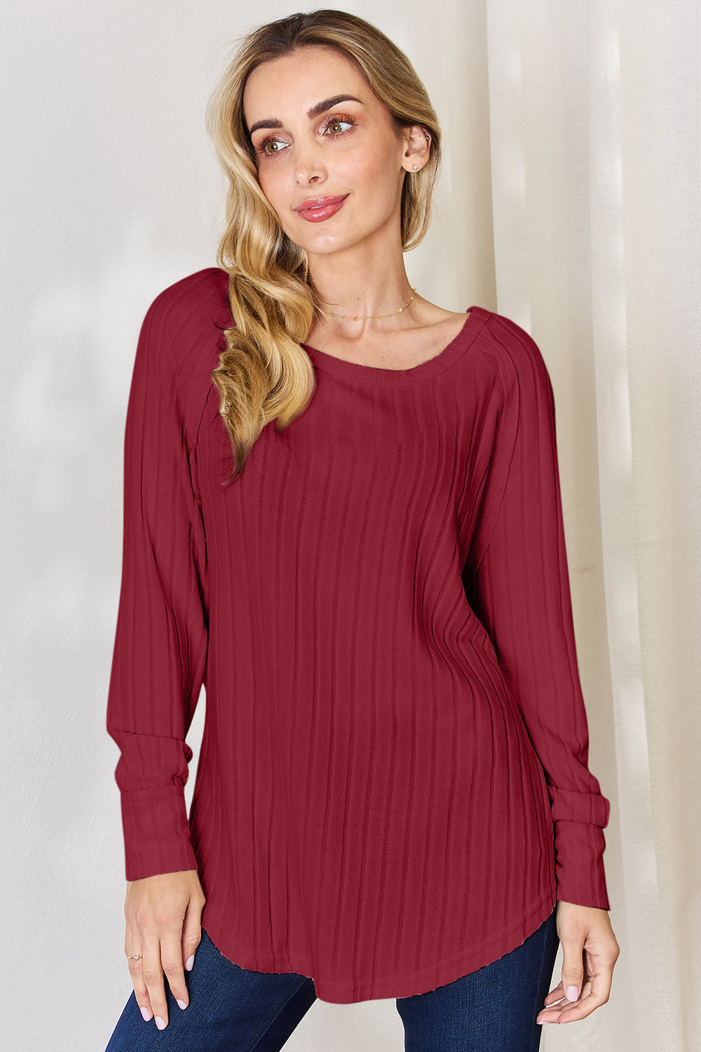 Buy deep-red Basic Bae Full Size Ribbed Round Neck Slit T-Shirt