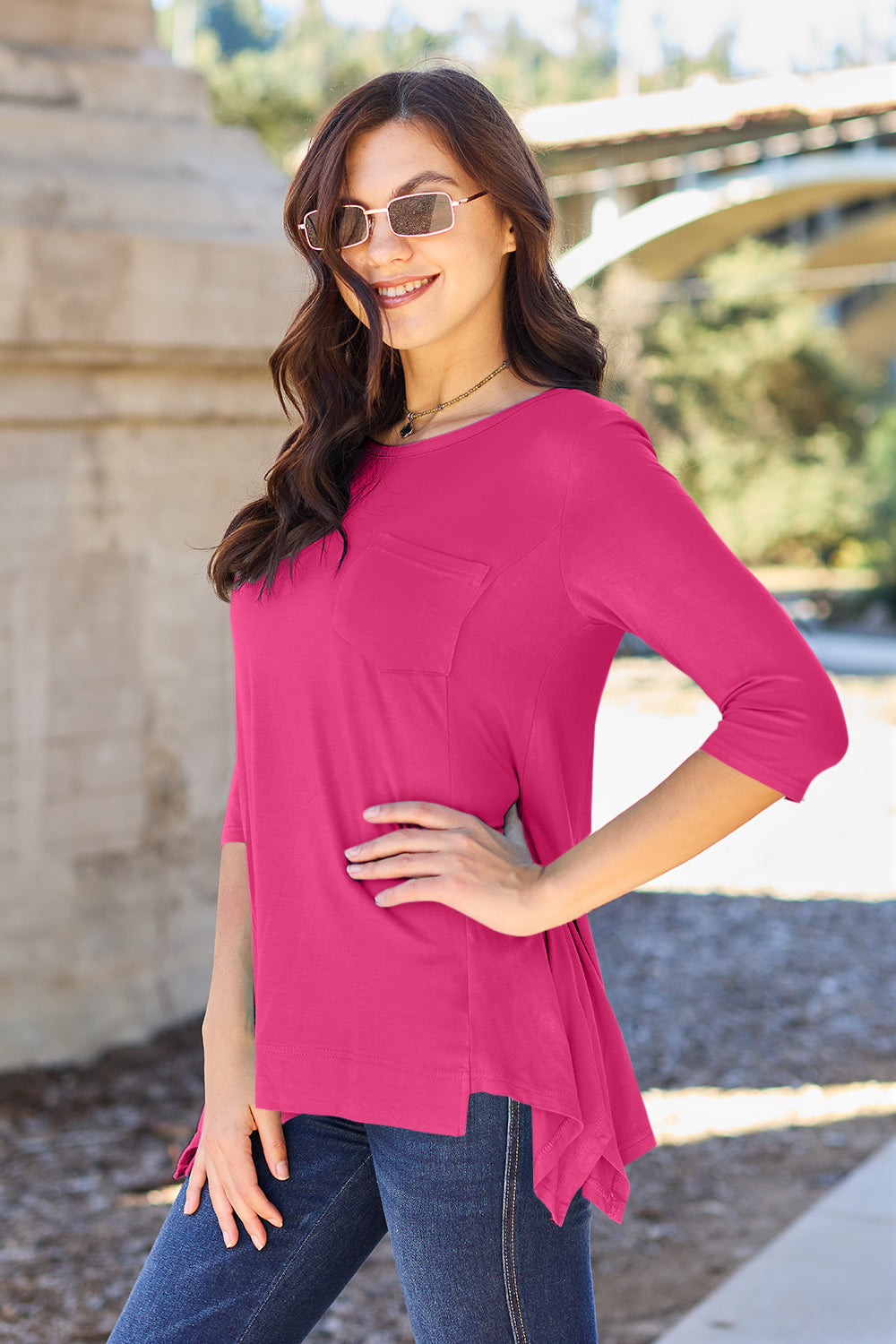 Buy hot-pink Basic Bae Full Size Round Neck Pocketed T-Shirt