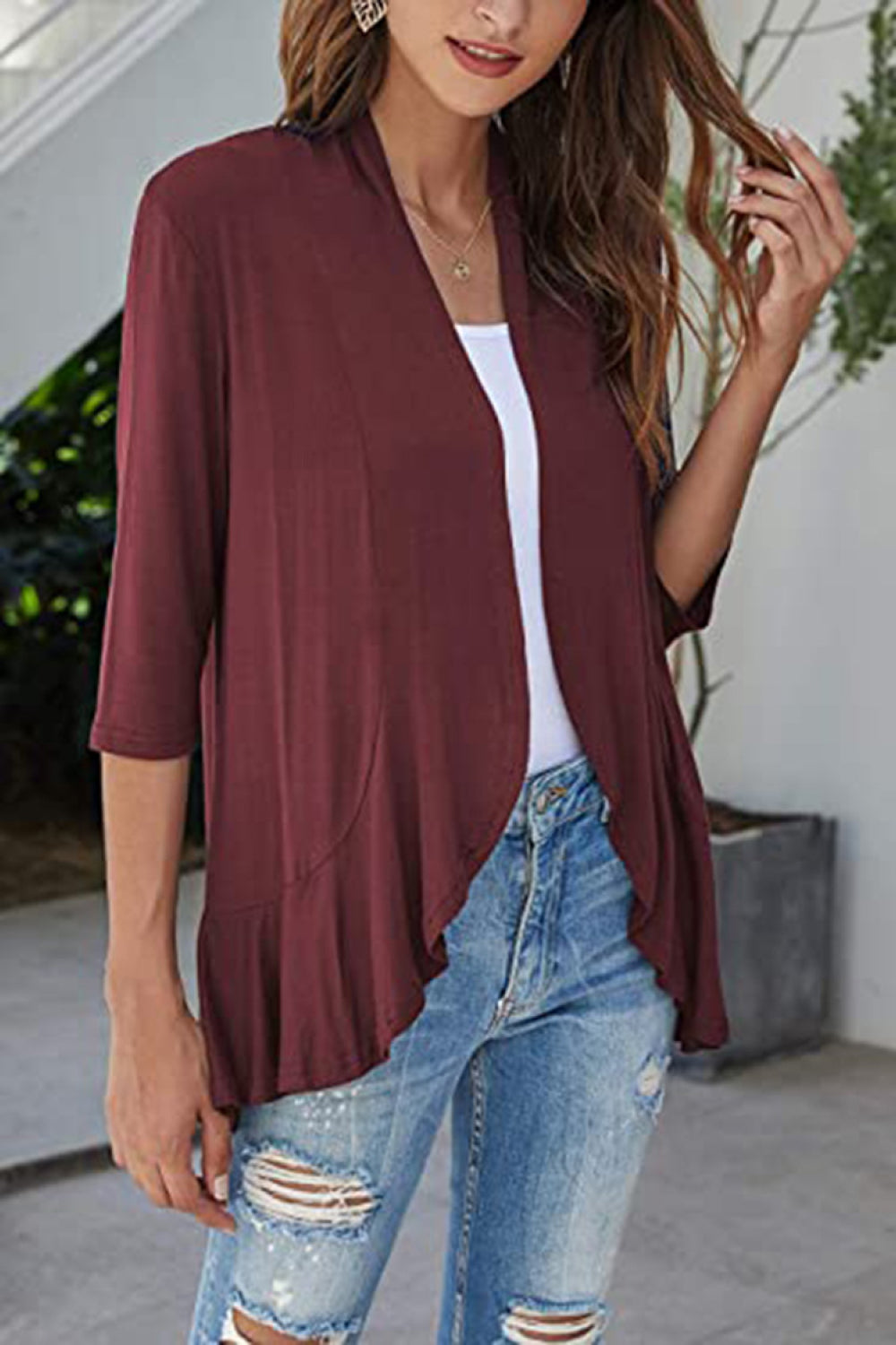 Buy burgundy Open Front Ruffle Trim Cardigan