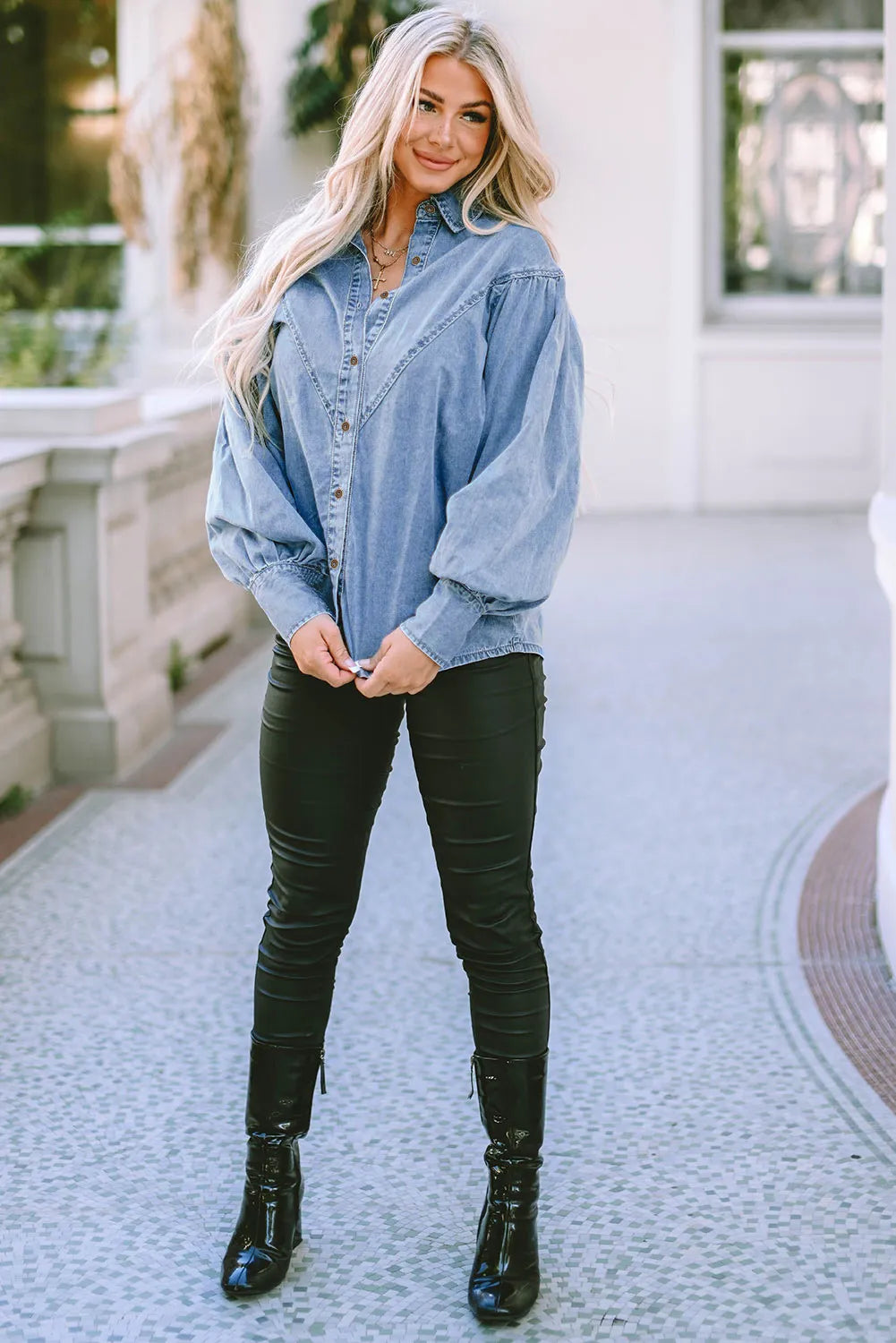 Collared Neck Lantern Sleeve Denim Top