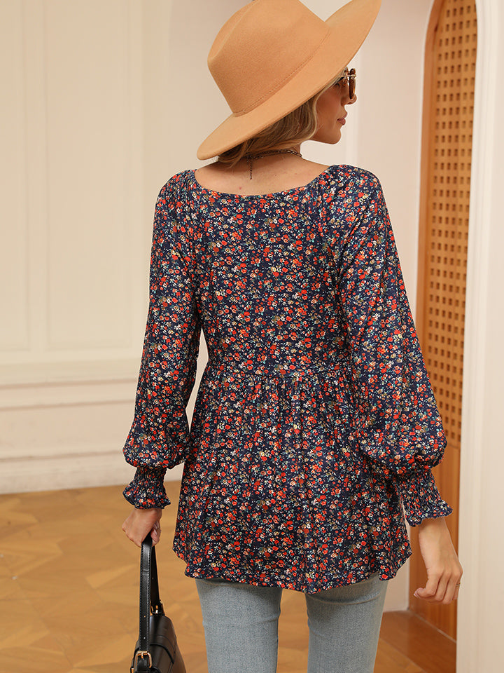 Printed V-Neck Lantern Sleeve Blouse