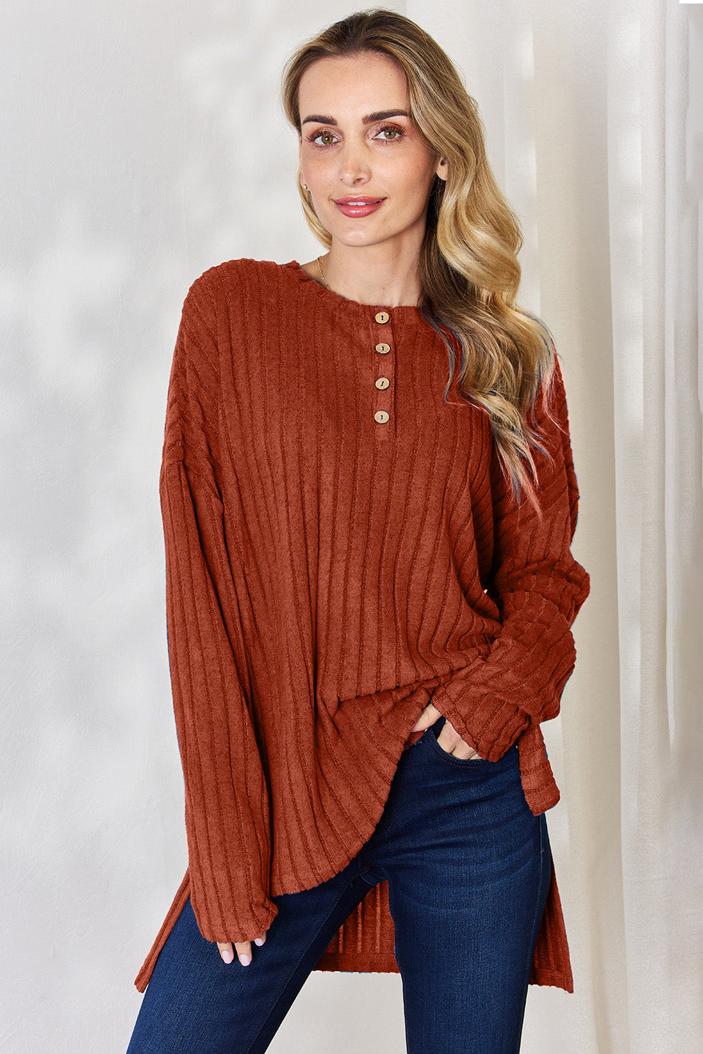 Buy rust Basic Bae Full Size Ribbed Half Button Long Sleeve High-Low T-Shirt