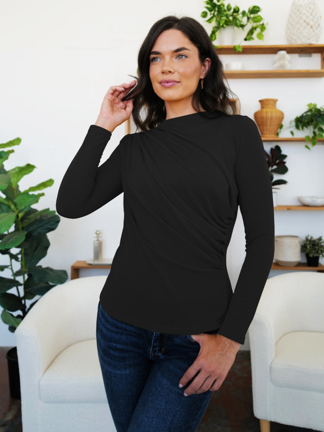 Buy black FAM-FAM Ruched Mock Neck Long Sleeve T-Shirt