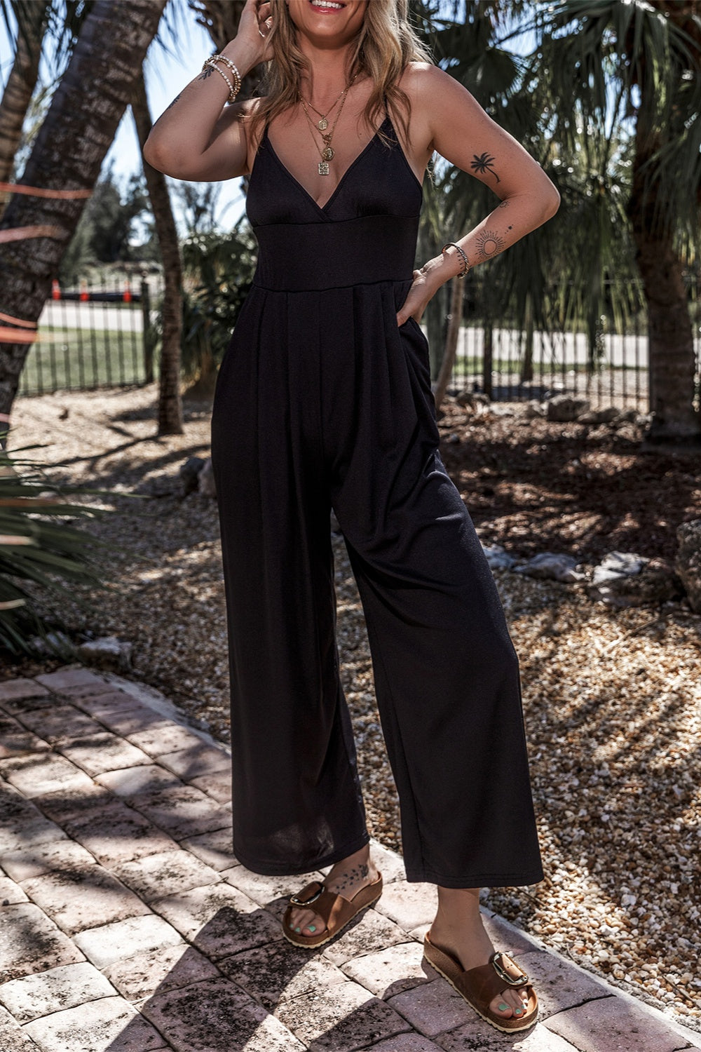 Surplice Spaghetti Strap Wide Leg Jumpsuit