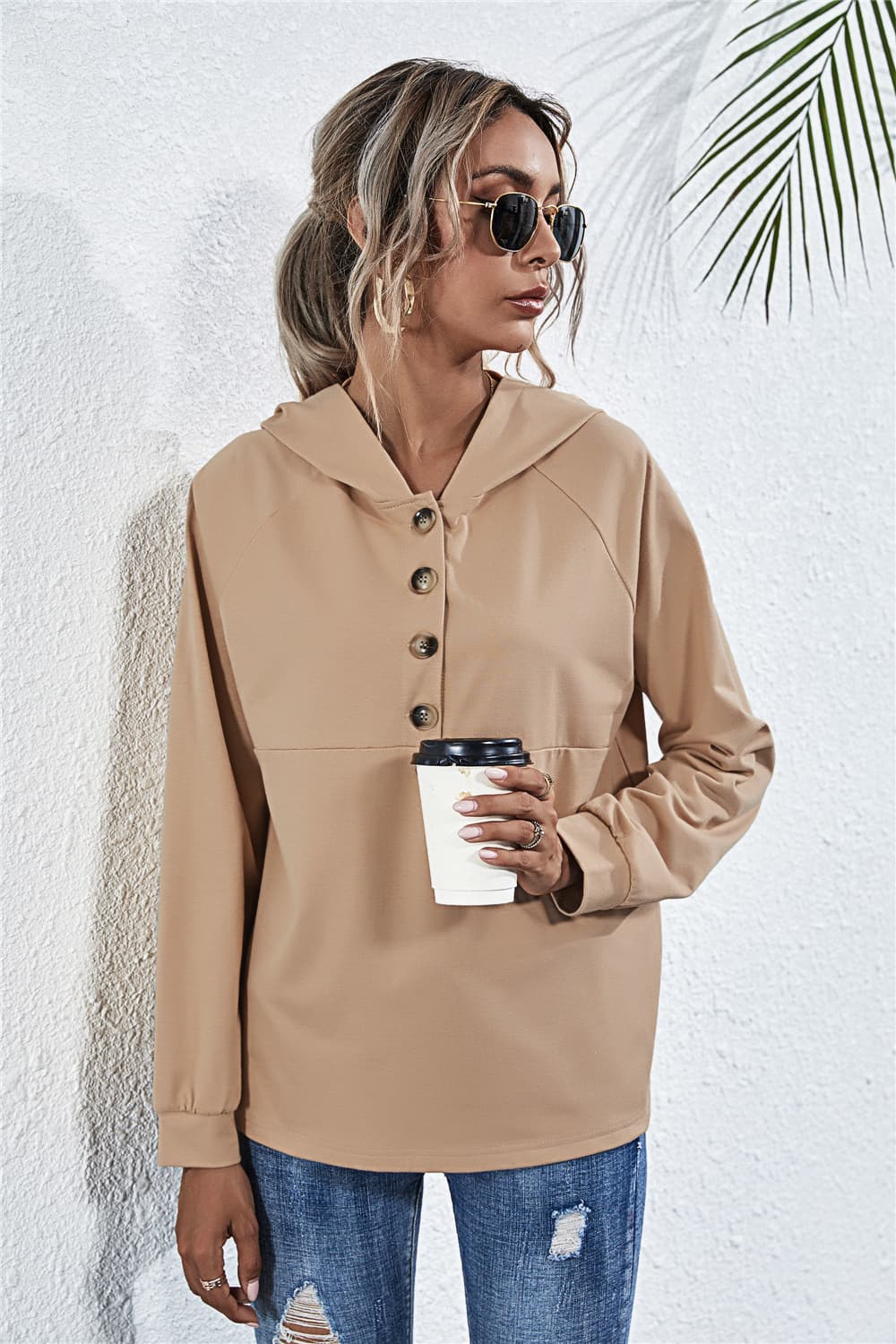 Buttoned Raglan Sleeve Hooded Blouse