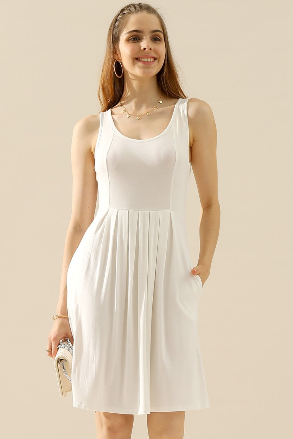 Buy white Doublju Full Size Round Neck Ruched Sleeveless Dress with Pockets