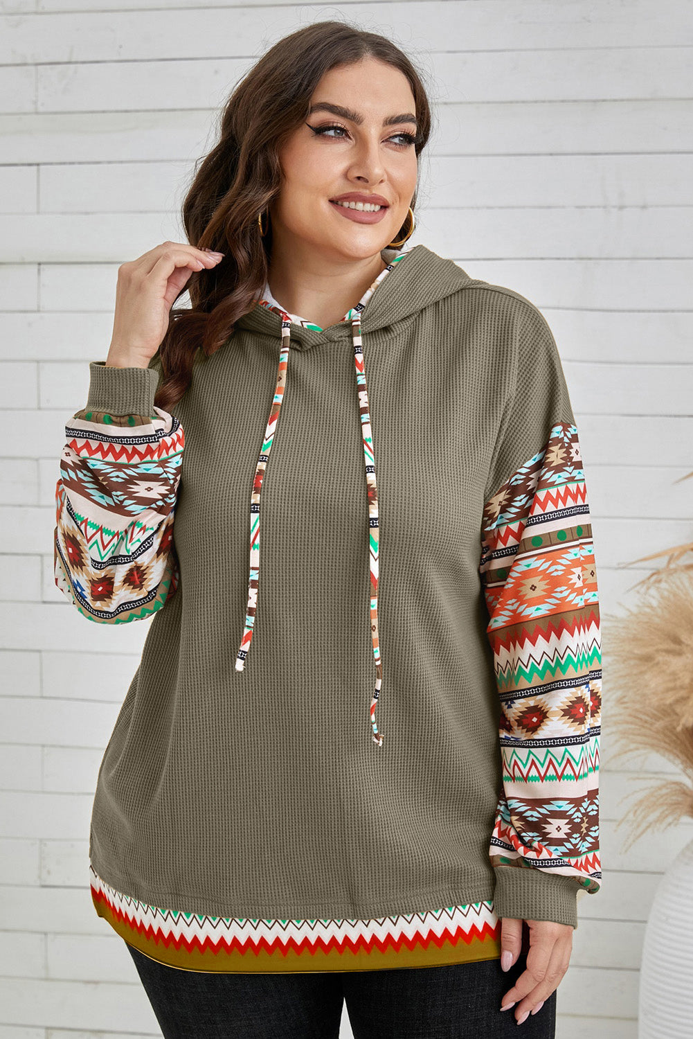 Buy army-green Plus Size Waffle-Knit Geometric Dropped Shoulder Hoodie