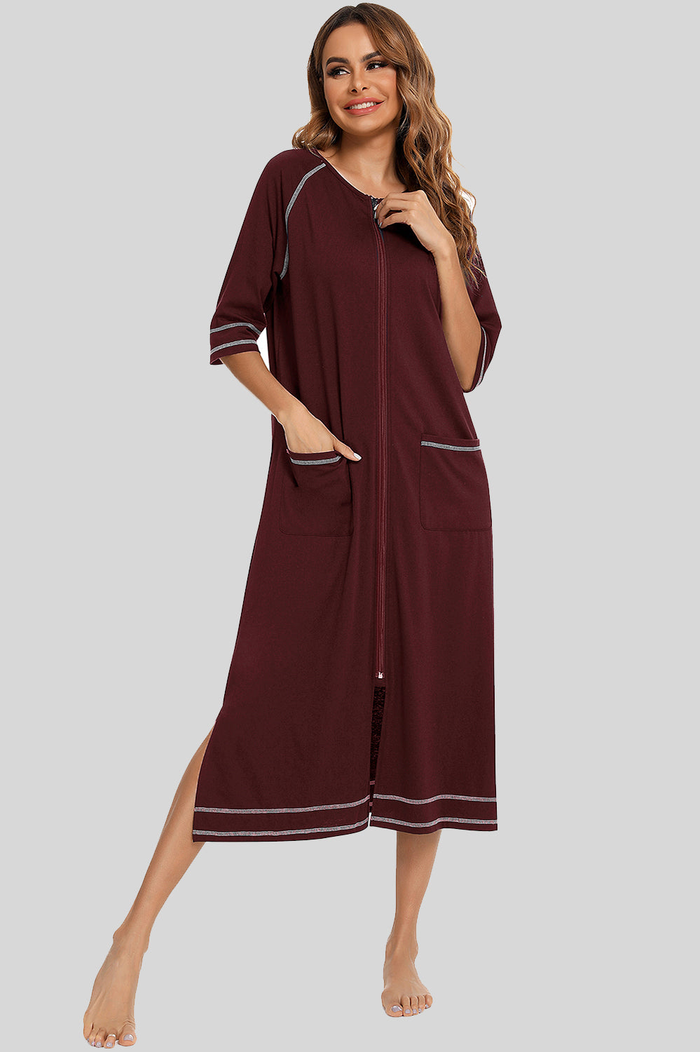 Buy burnt-umber Zip Up Slit Round Neck Night Dress with Pockets