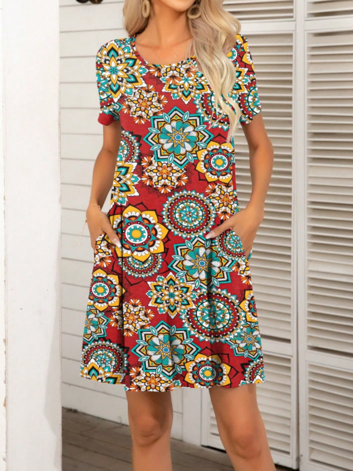 Buy deep-red Pocketed Printed Round Neck Short Sleeve Mini Dress