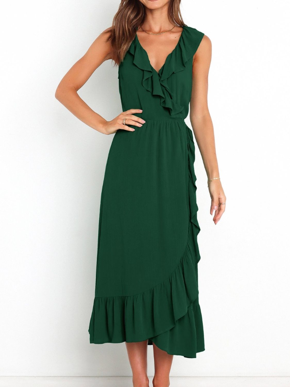 Buy dark-green Ruffled Surplice Sleeveless Midi Dress